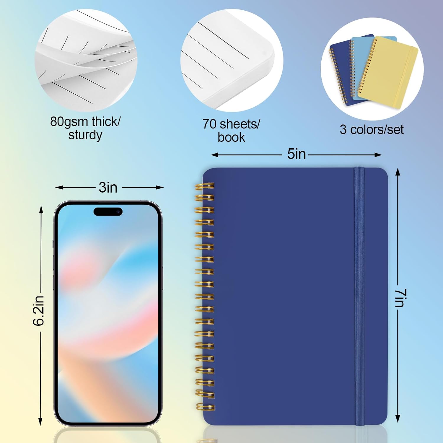 3 PCS Small Spiral Notebook 5x7, Notebooks for Note Taking, Blue Color Scheme Spiral Journal Notebook, Work Notebook Small Notebooks 5x7 with Strap, Cute Notebooks for Women 70 Sheets/Note Books