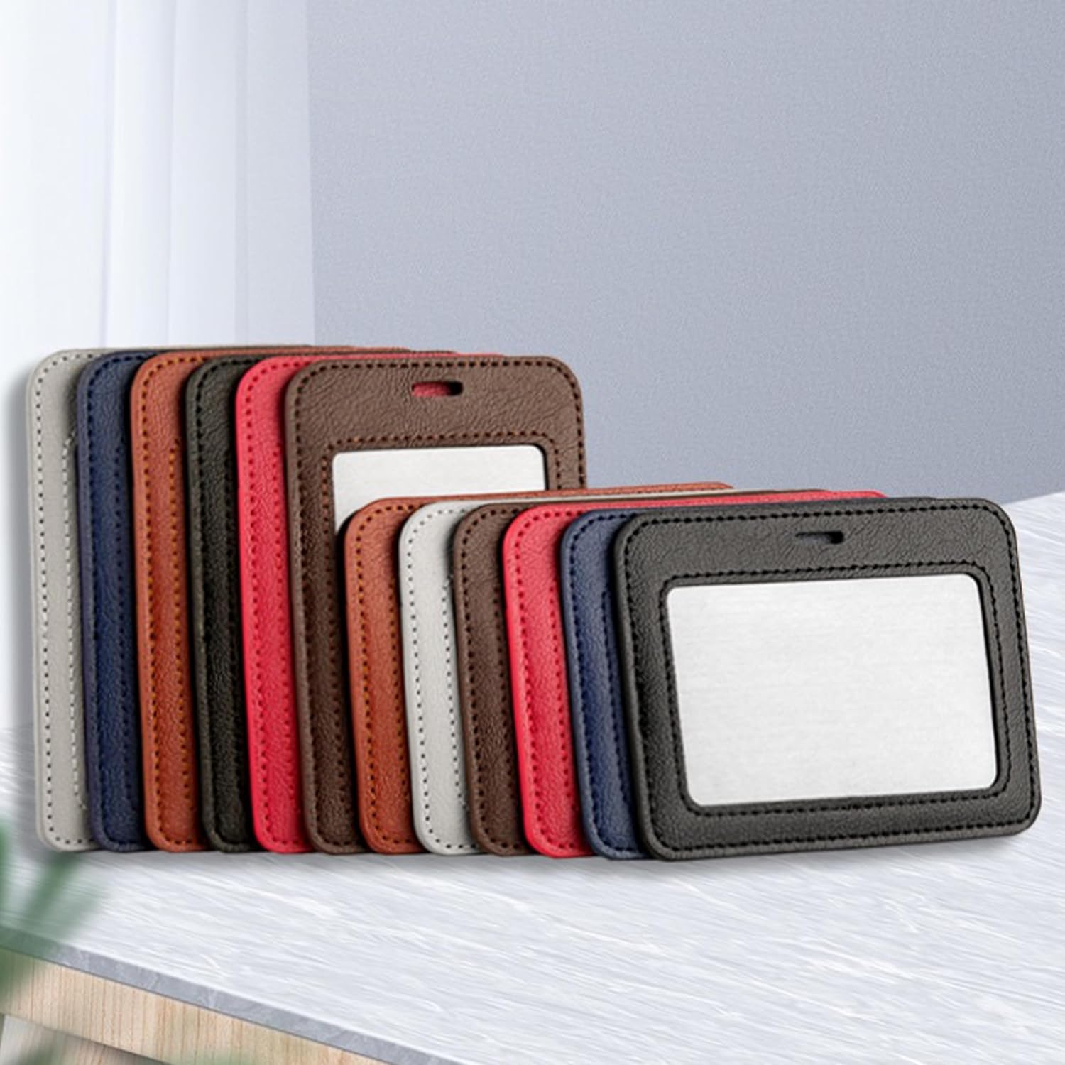 1 Pcs Leather ID Badge Holder - Horizontal, Black, Multiple Card Slots for Offices, Staff, Students, Employees