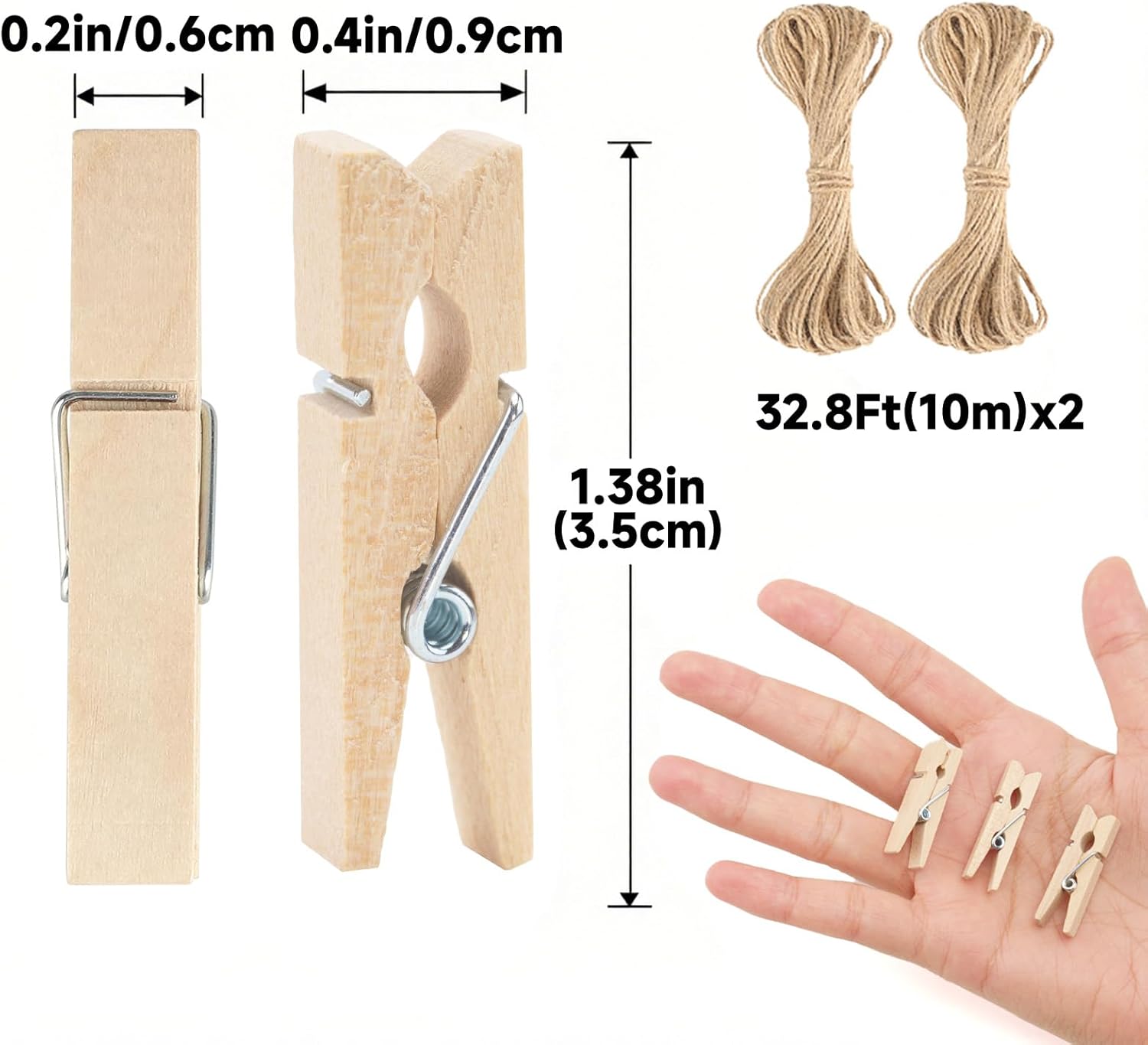 Mini Clothespins with String - 100Pcs Small Wooden Clothes Pins, Natural Brown Photo Hanging Clips, Craft Clips for Picture, Cocktails Decor, Baby Shower, Wedding