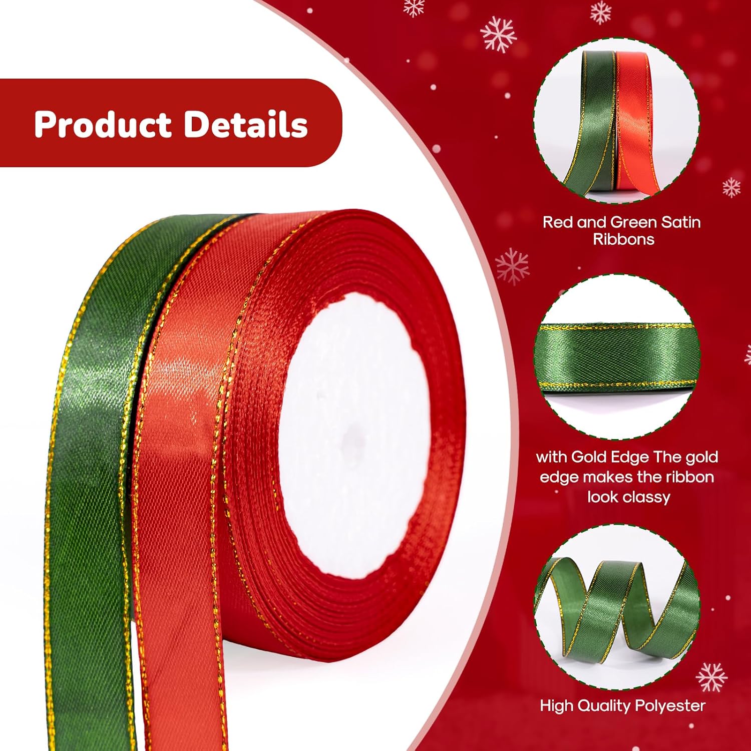Christmas Ribbon 3/4 Inch x 50 Yards Gift Ribbon, Red and Green Polyester Satin Ribbon with Gold Edge for Holiday Present Package, Wedding Gift Wrapping, Handmade Crafts, Xmas Decoration
