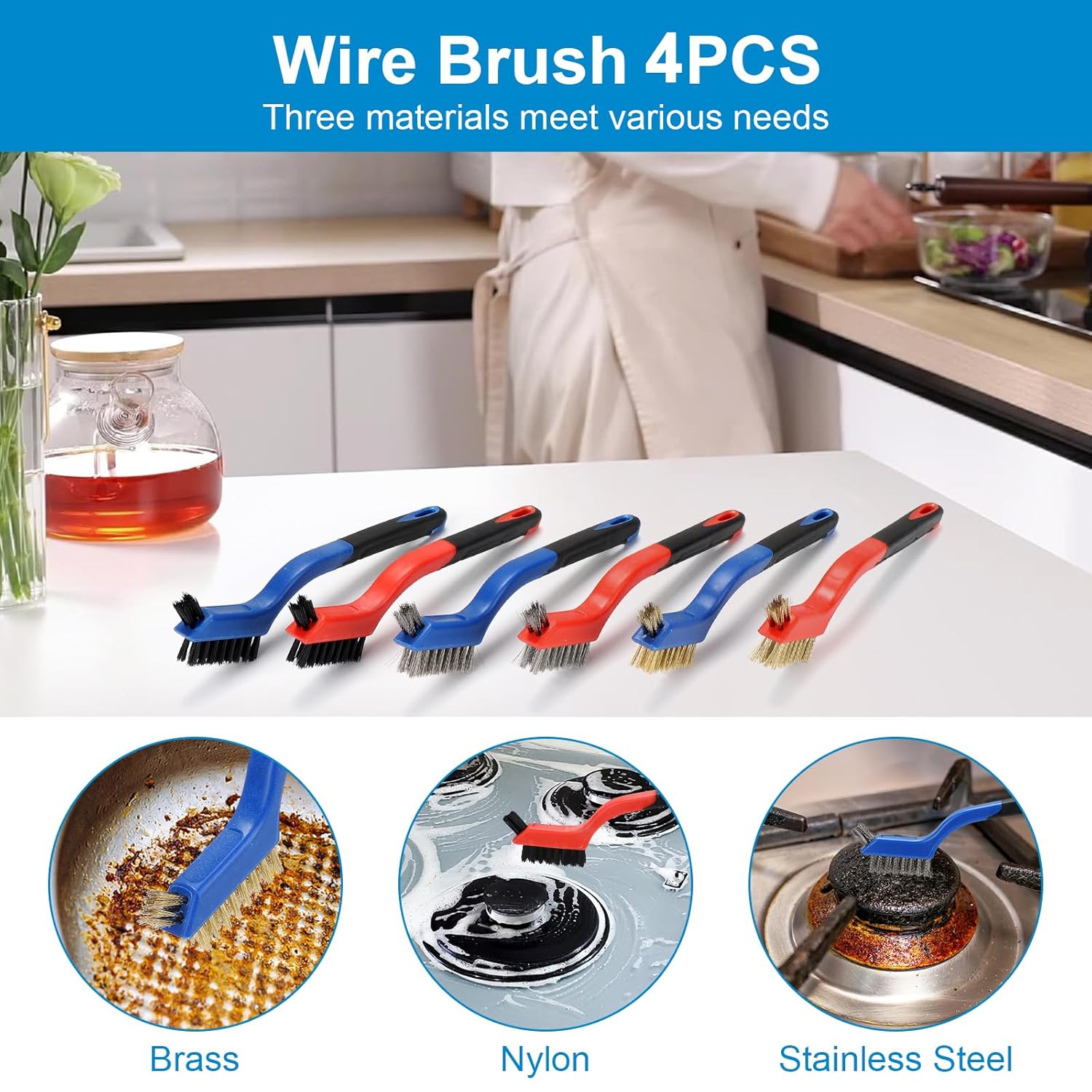 Wire Brush with Scraper Cleaner, Multi-Purpose Stainless Steel/Brass/Nylon Bristle with Curved Handle Grip for Welding Slag Cleaning, Metal Rust Scratching, Paint Scrubbing and Dirt Removal