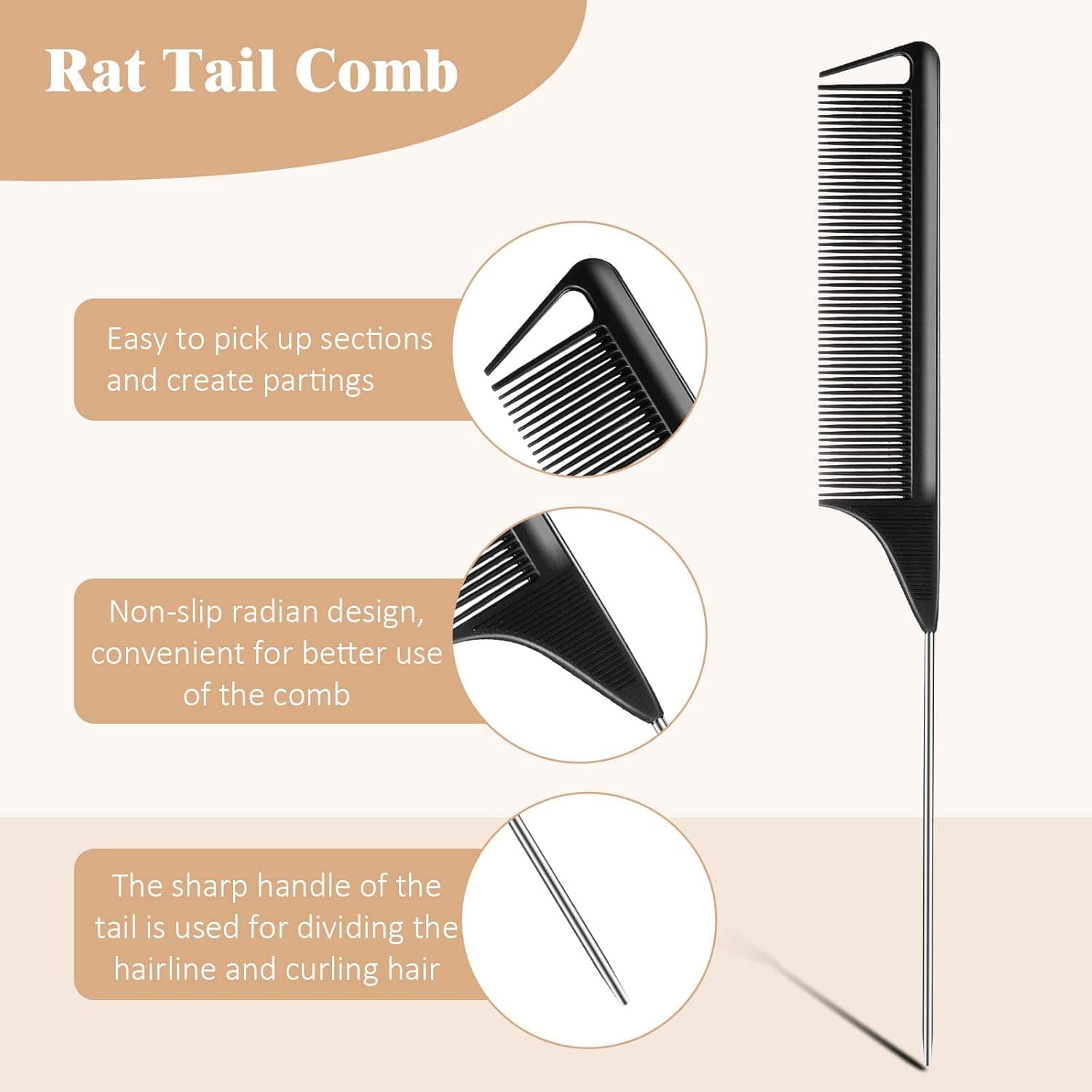 3 Pcs Rat Tail Parting Comb Carbon Fiber Stainless Steel Pintail Teasing Combs Heat Resistant Wide Tooth for Hair Styling and Care