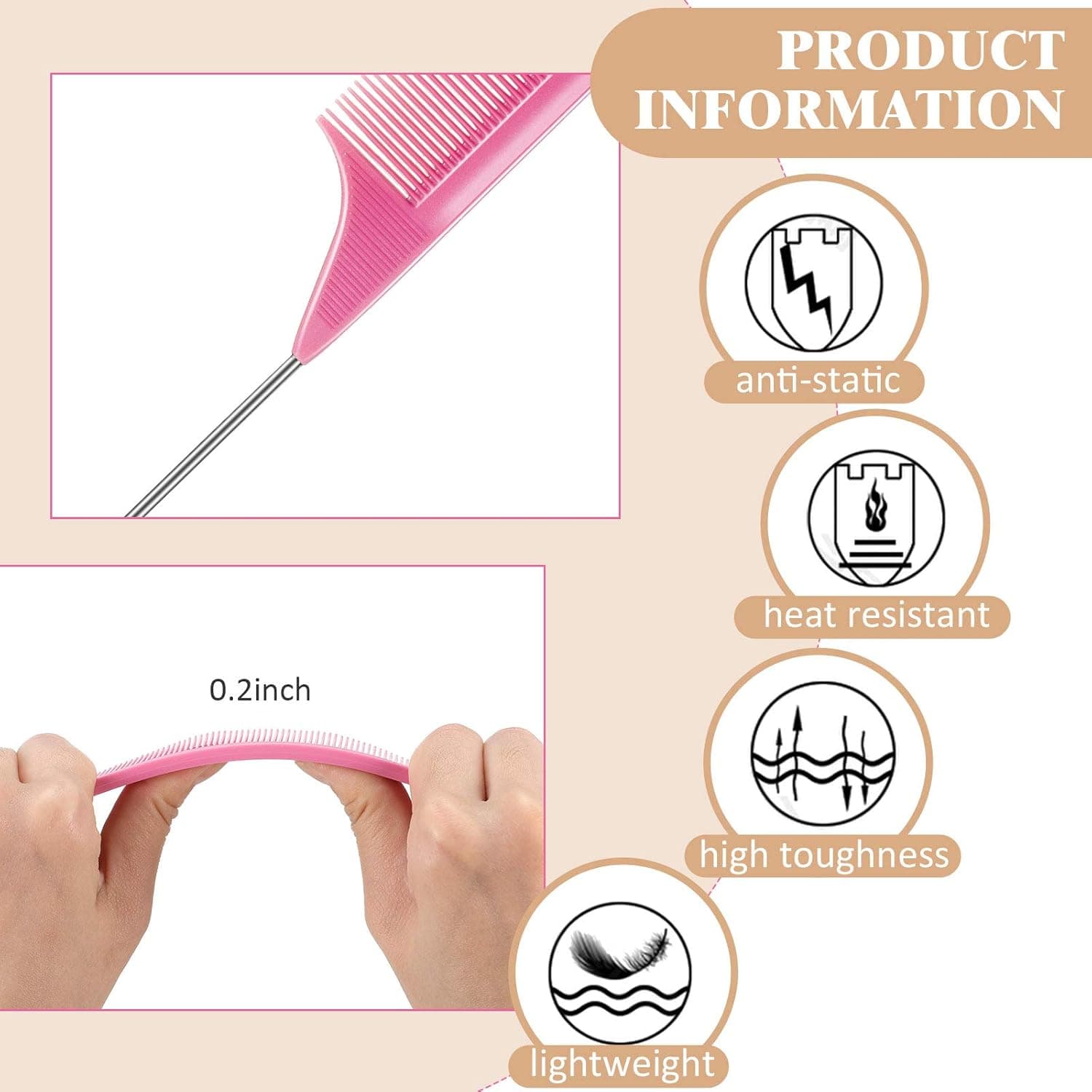 3 Pcs Rat Tail Parting Comb Carbon Fiber Stainless Steel Pintail Teasing Combs Heat Resistant Wide Tooth for Hair Styling and Care