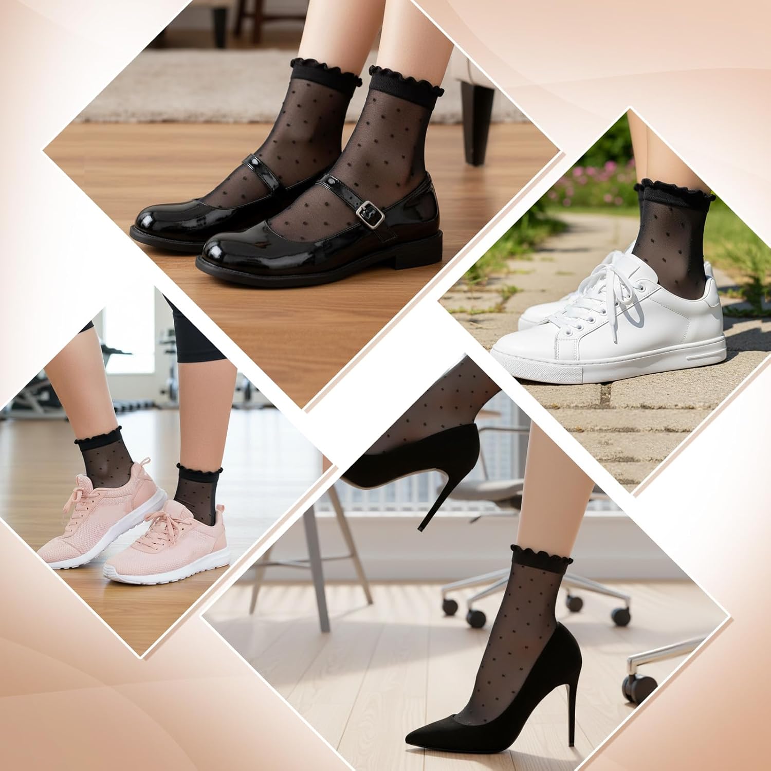 3 Pairs Women Sheer Ankle Socks, Ruffle Polka Dot Lace Mesh Black Sheer Socks, Nylon Stretchy Breathable Thin Fishnet Dress Sock with Reinforced Toe, Elegant Casual Stockings for Summer
