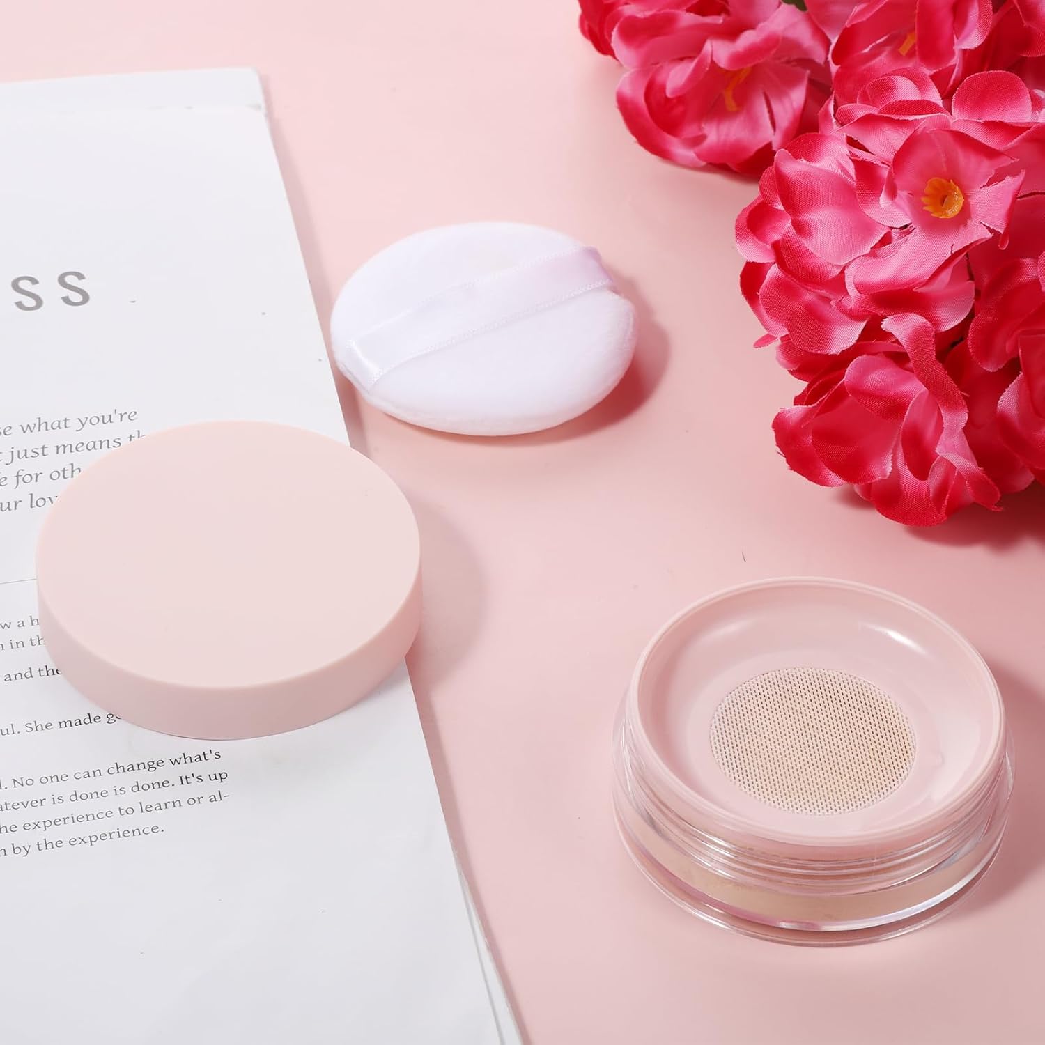 10ml (0.34oz) Loose Powder Containers, No Leak Plastic Empty Reusable Refillable Travel Compact Portable Makeup Powder Case Container with Pink Screw Lid, Elastic Net Sifter Sponge Puff
