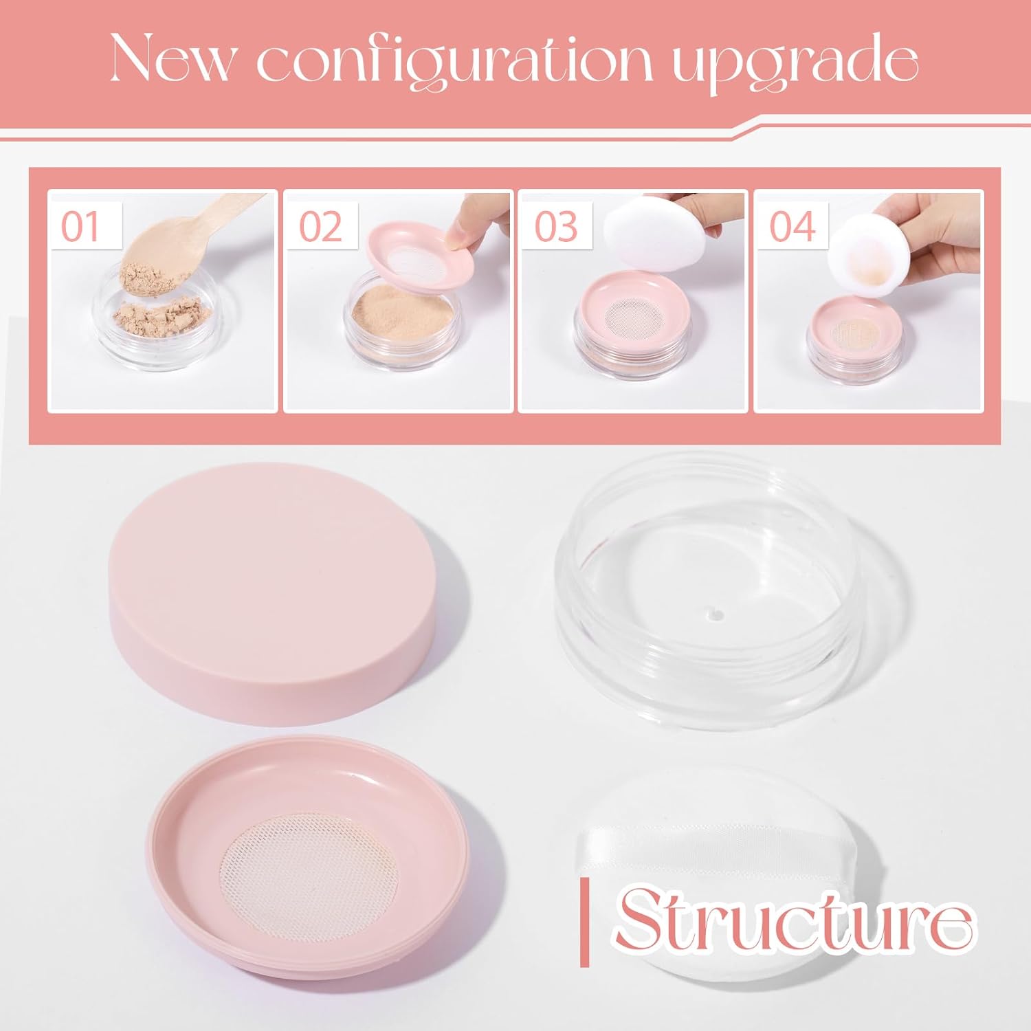 10ml (0.34oz) Loose Powder Containers, No Leak Plastic Empty Reusable Refillable Travel Compact Portable Makeup Powder Case Container with Pink Screw Lid, Elastic Net Sifter Sponge Puff