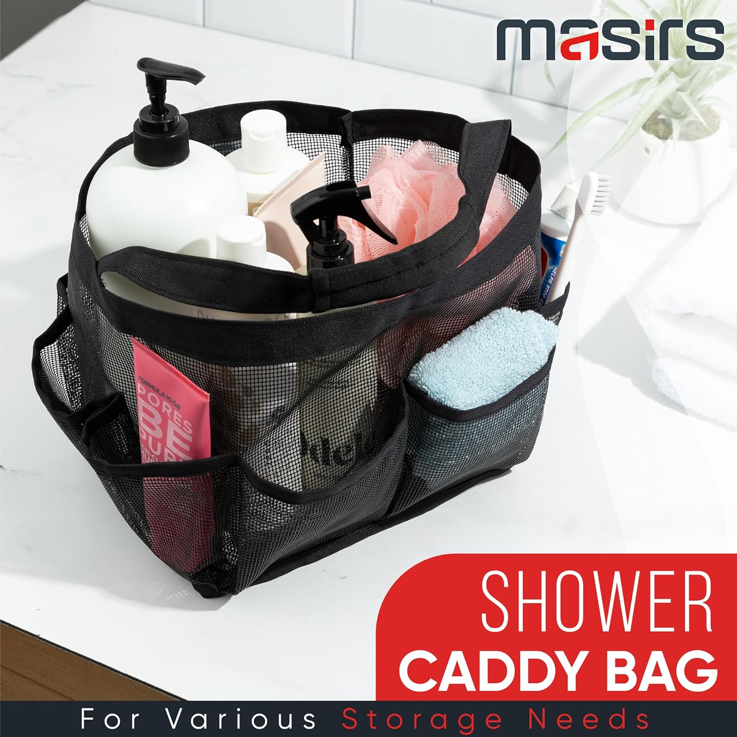 Shower Caddy Mesh - 9 Pocket Portable Bathroom Organizer Tote for Travel, Gym & Dorm - Collapsible Small Shower Caddy Bag to Hold Toiletries & Essentials (Black)