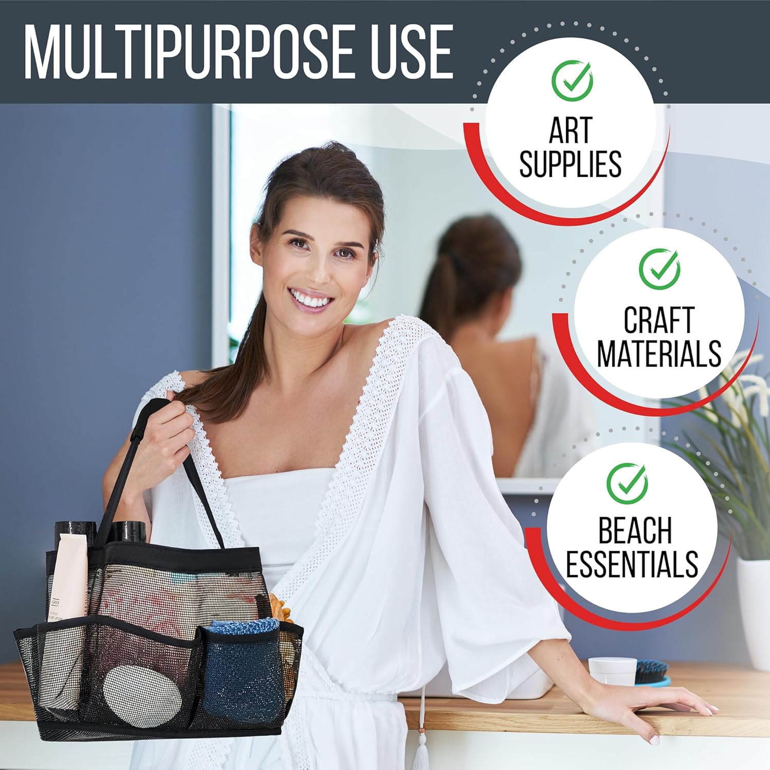 Shower Caddy Mesh - 9 Pocket Portable Bathroom Organizer Tote for Travel, Gym & Dorm - Collapsible Small Shower Caddy Bag to Hold Toiletries & Essentials (Black)