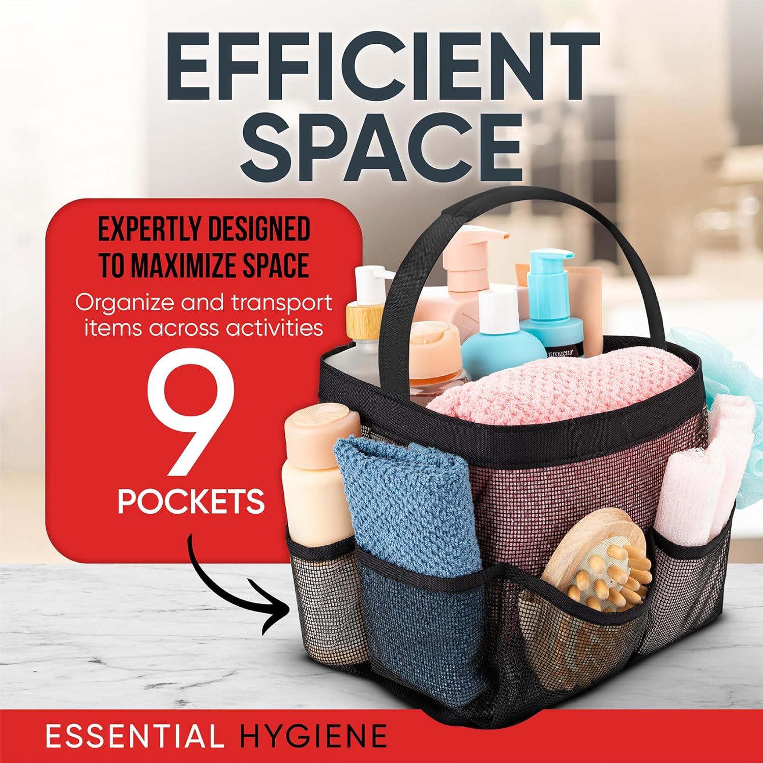 Shower Caddy Mesh - 9 Pocket Portable Bathroom Organizer Tote for Travel, Gym & Dorm - Collapsible Small Shower Caddy Bag to Hold Toiletries & Essentials (Black)