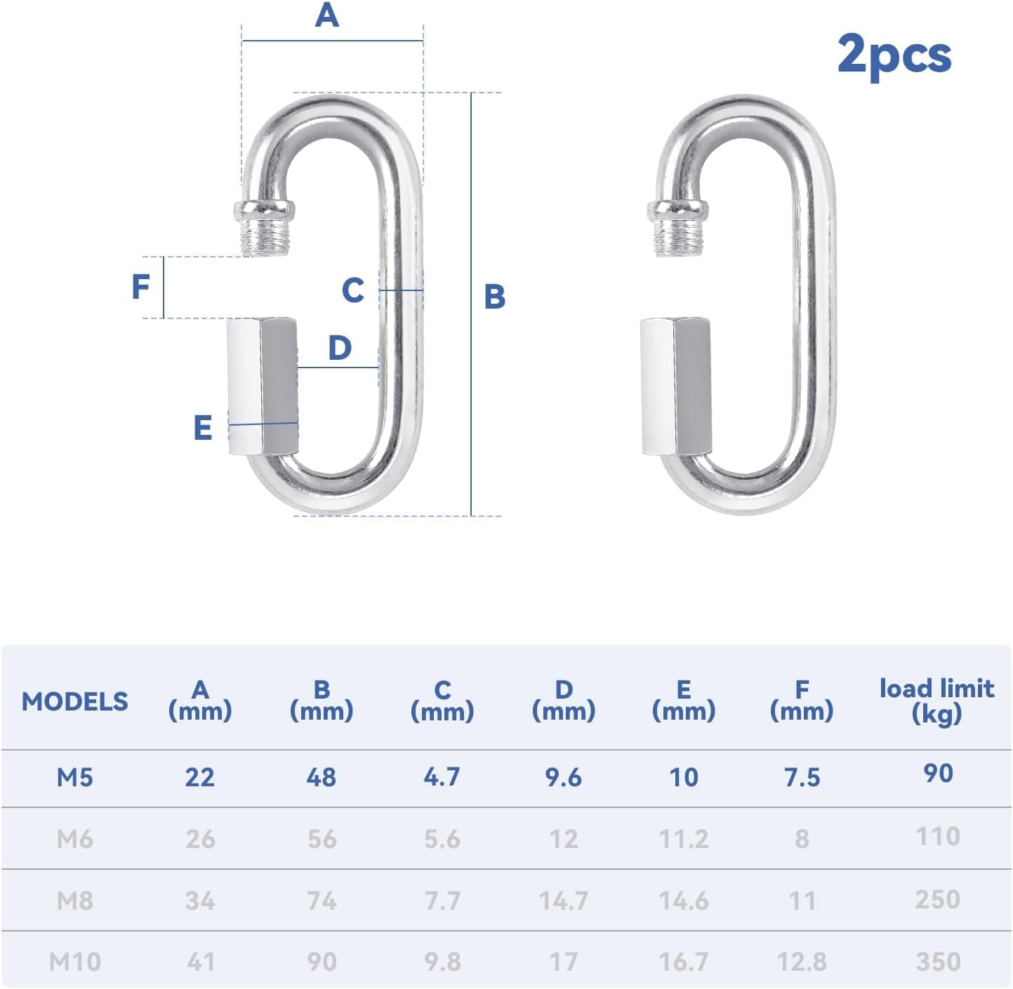2 Pack M5 D-Shape Silver Steel Quick Link Carabiner, Chain Hooks for Outdoor Traveling Equipment, Connecting Hammock (M5-1.9 Inch / 4.8 cm)