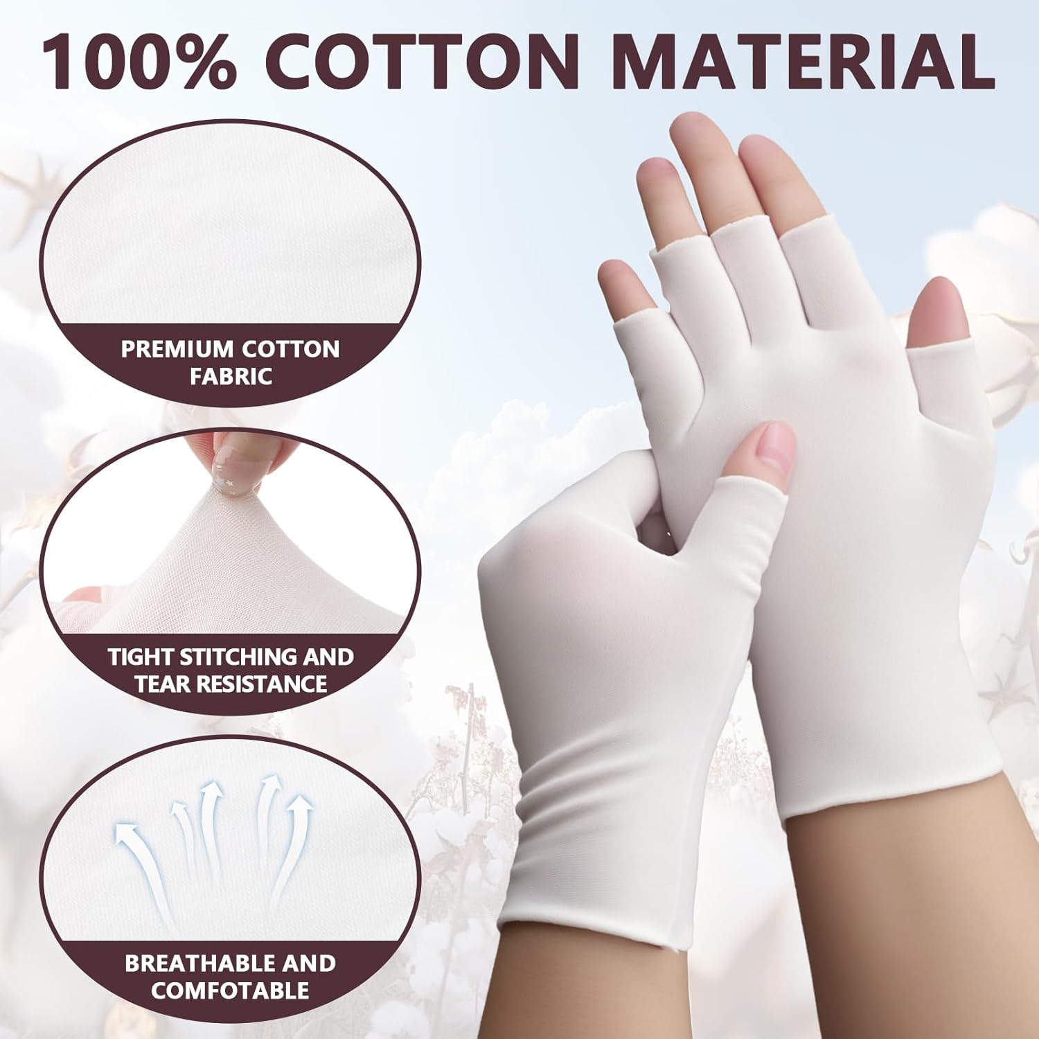 3 Pairs White Cotton Gloves - Fingerless Moisturizing Gloves - Eczema White Gloves for Dry Hands - Soft Sleep Glove for Eczema and Moisturizing Overnight - One Size Fits Most