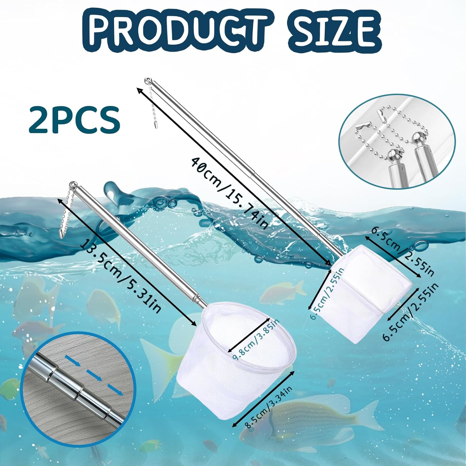 2-Pack Aquarium Fish Net - 3.3In & 2.6in Fishes Tank Shrimp Net Debris Cleaning Tools - Fast-Dry Mesh Scoop with Extendable Handle - Small Fish Net for Fish Tank for Shrimp & Bettas