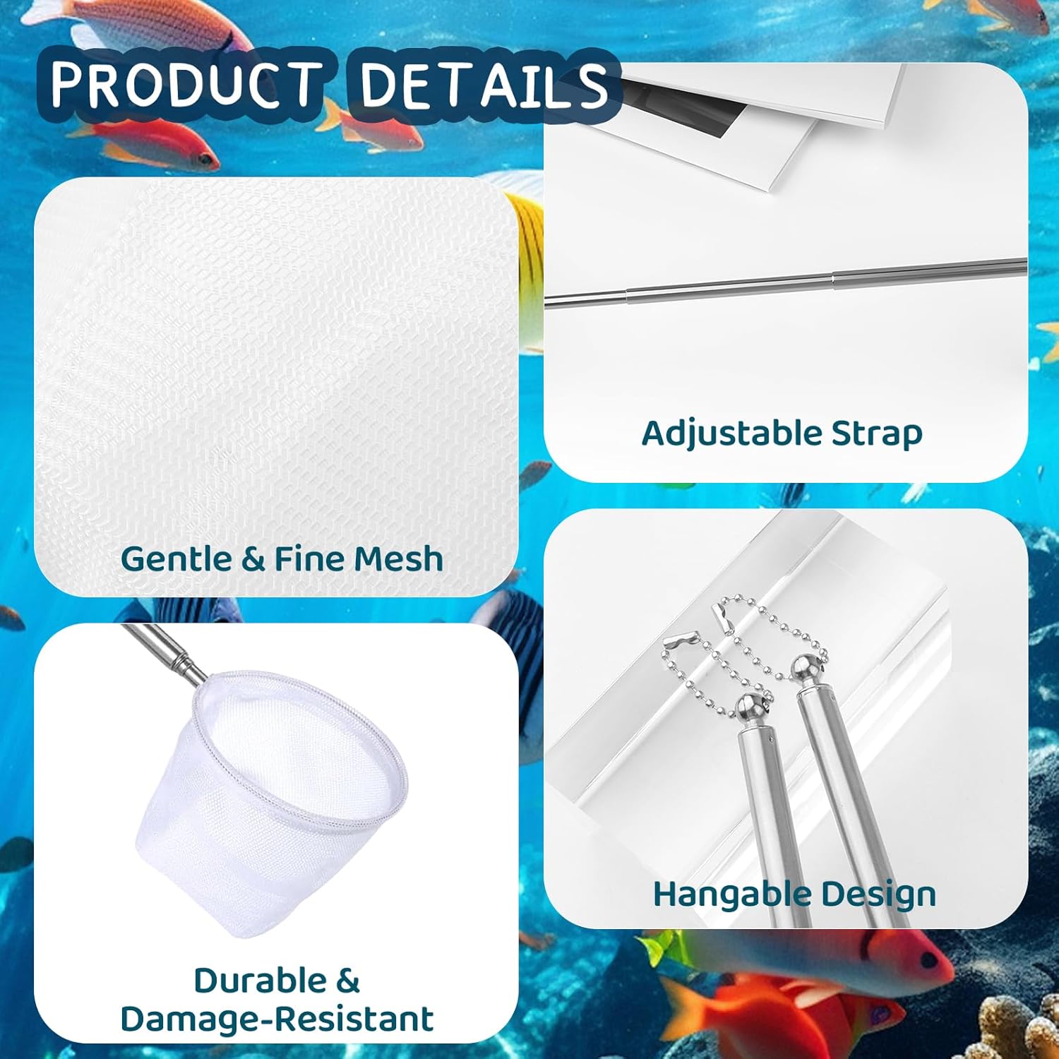 2-Pack Aquarium Fish Net - 3.3In & 2.6in Fishes Tank Shrimp Net Debris Cleaning Tools - Fast-Dry Mesh Scoop with Extendable Handle - Small Fish Net for Fish Tank for Shrimp & Bettas
