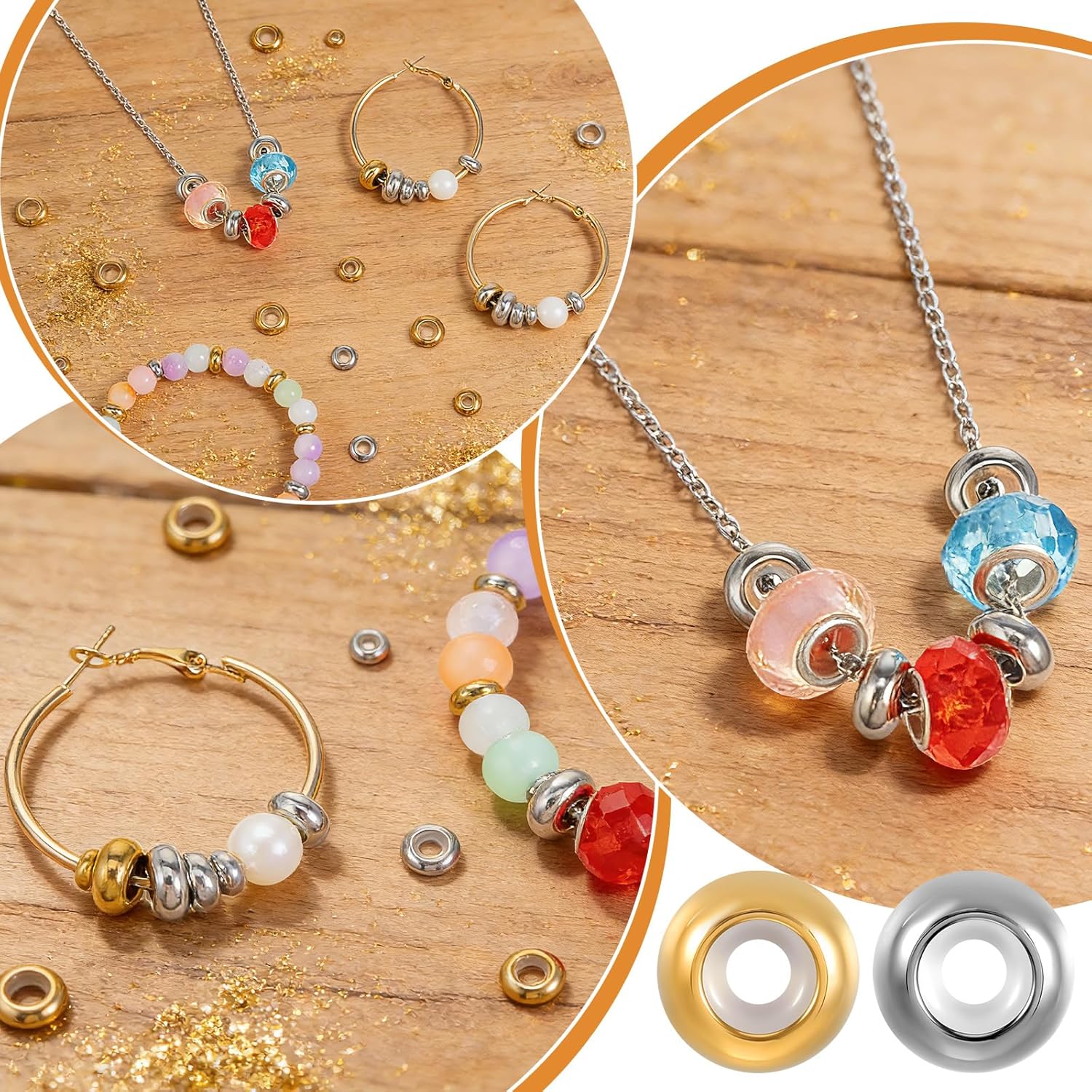 36Pcs Stopper Beads for Bracelets,Spacer Beads with Rubber Gold Silver Slider Bead Adjustable Charm Stoppers for Bracelets Locating Rings for DIY Jewelry Making,6/8/10mm