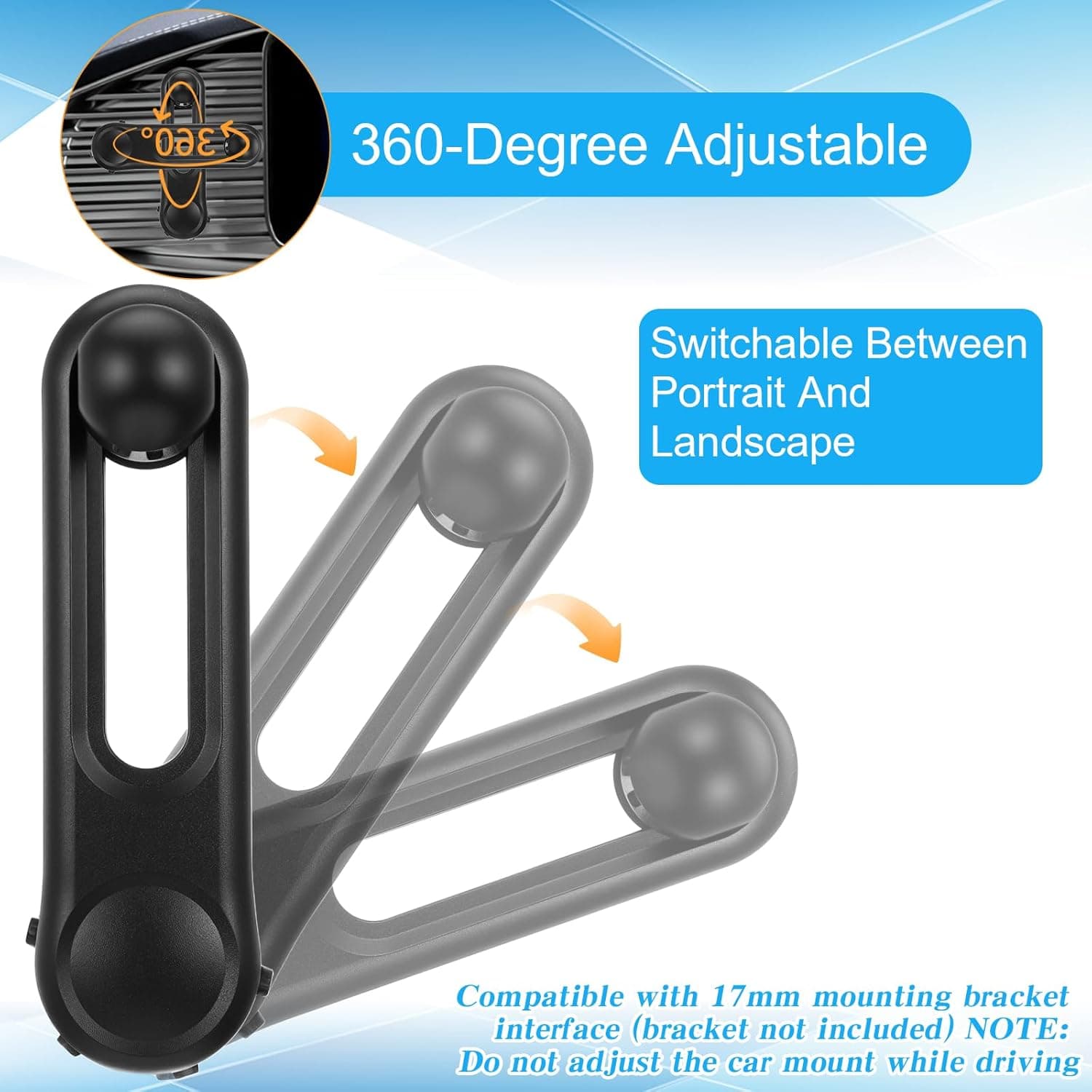 17mm Ball Mount Extension Arm 360-Degree Rotatable Adjustable Length 2.04 Inch Black