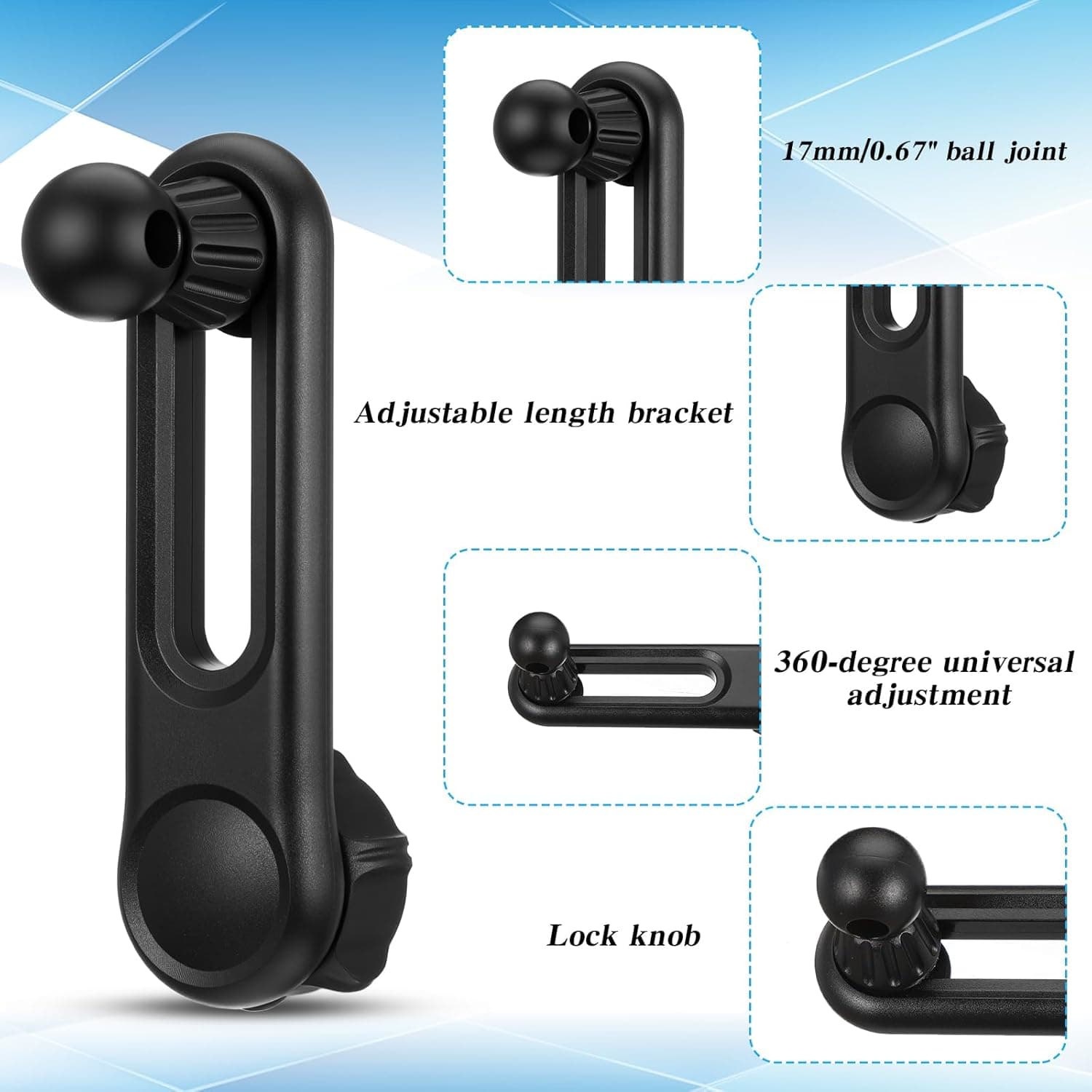 17mm Ball Mount Extension Arm 360-Degree Rotatable Adjustable Length 2.04 Inch Black