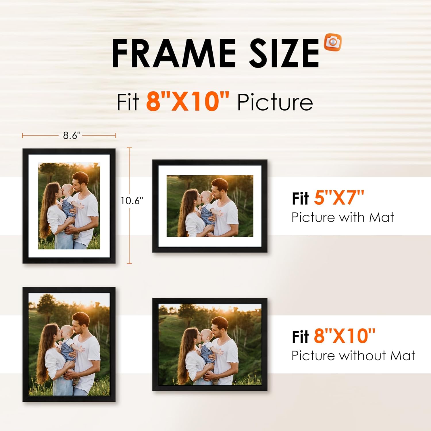 8x10 Picture Frame 1 Pack, Photo Frame with HD Plexiglass, Display Pictures 5x7 with Mat or 8x10 Without Mat, Picture Frames Collage for Tabletop or Wall Display, Black