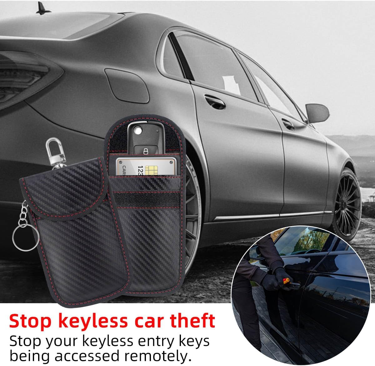 2 Pack Faraday Car Keycase Protective Bag rfid Signal Blocking Key Fob Protector Carbon Fiber Security Anti-theft Pouch Anti-Hacking Case Blocker Rfid Cage