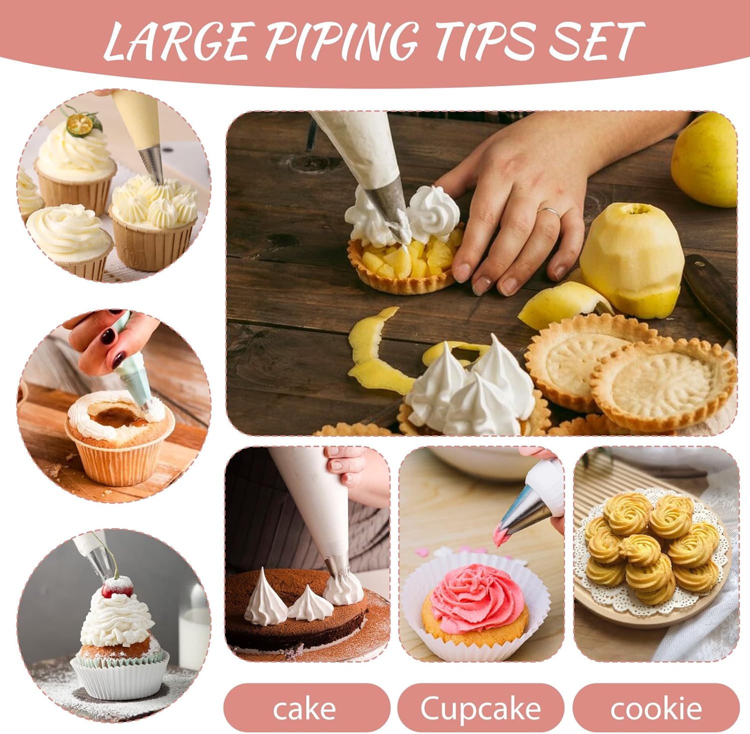8 Pcs Large Piping Tips Set, Stainless Steel Cake Decorating Tips Set with 10pcs Piping Bag Pastry Cake Decorating Tip Baking Tools for Baking Cupcakes Decoration