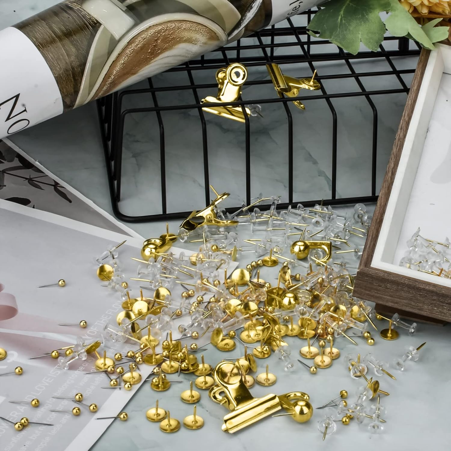 Gold Push Pin Kit 310 Pcs Decorative Thumb Tacks with Push Pin Hook Pushpin for Cork Board Bulletin Board Office Wall - 5 Style