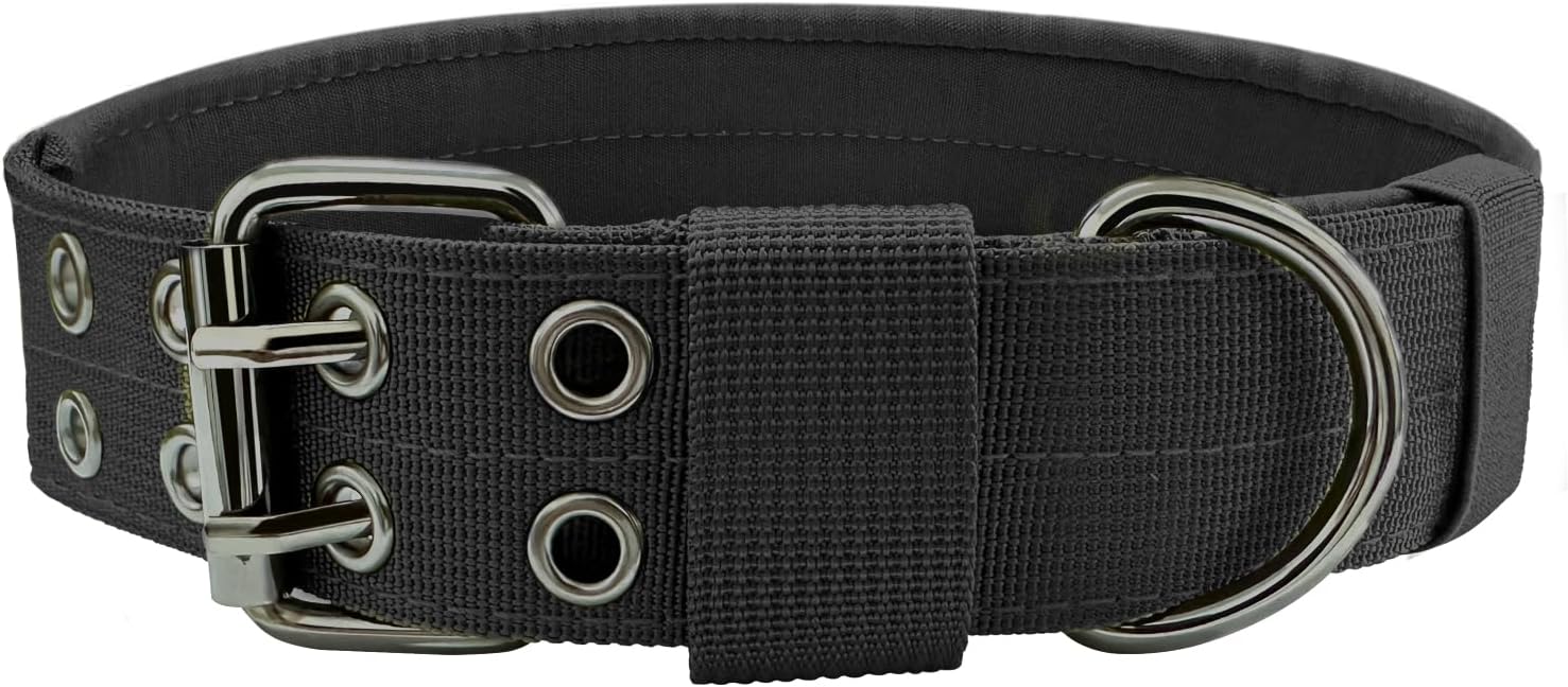 Heavy Duty Dog Collar for Large Dogs, Tactical Dog Collars with Metal Buckle & D Ring, 1.5" Width Thick Adjustable Nyl Collar for Medium Dogs, Black/L