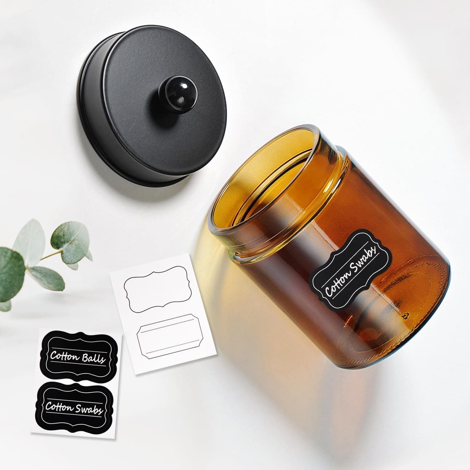 Amber Glass Qtip Holder Apothecary Jar 8oz Matte Black Lid Bathroom Organizer 2 Pack