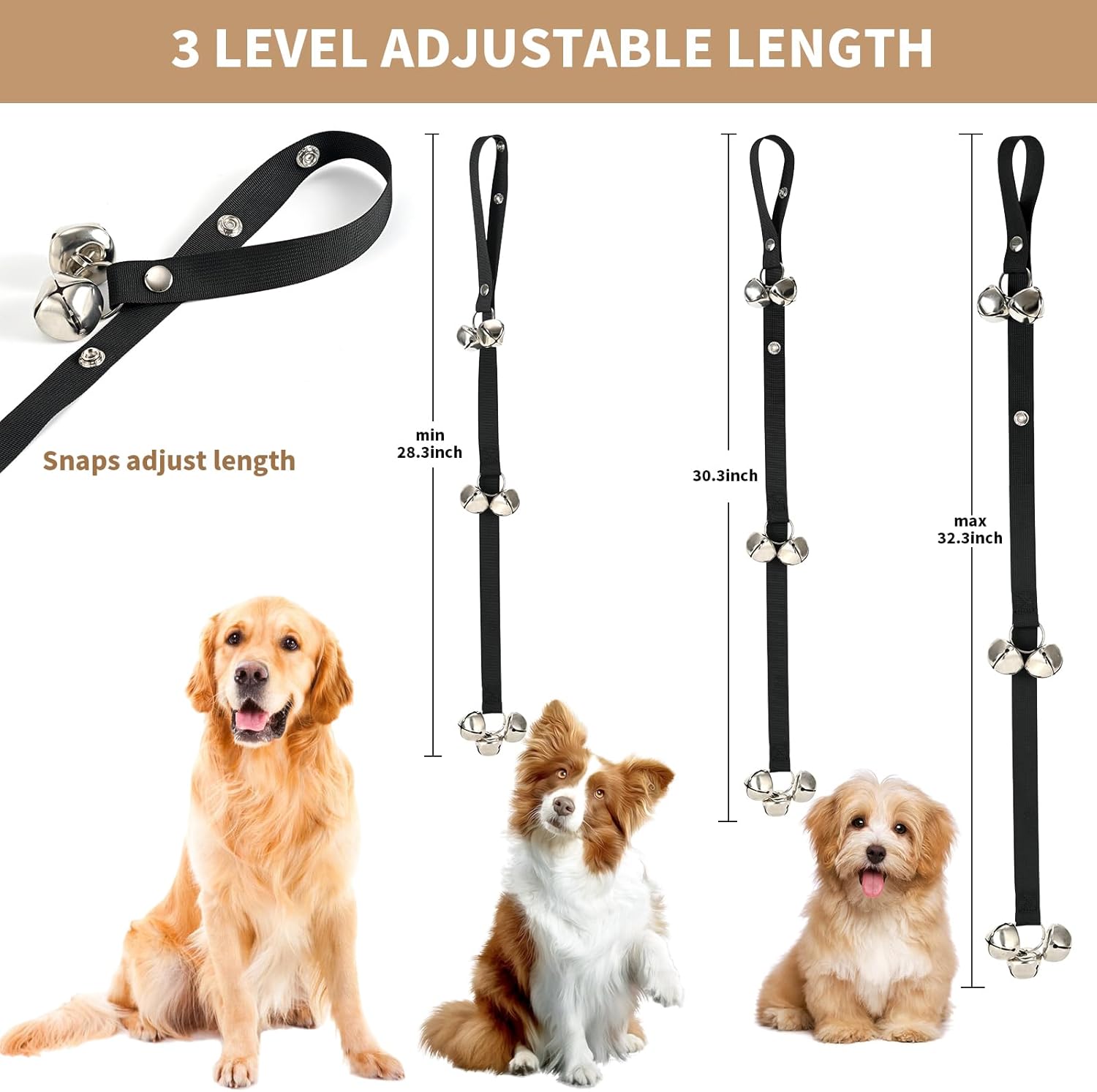 Upgraded Puppy Bells Dog Doorbells for Door Knob/Potty Training/Go Outside-Dog Puppies Dogs Doggy Doggie Pooch Pet Cat Lovers-Premium Quality-3 Snaps Length Adjustment Black; 1 Pack
