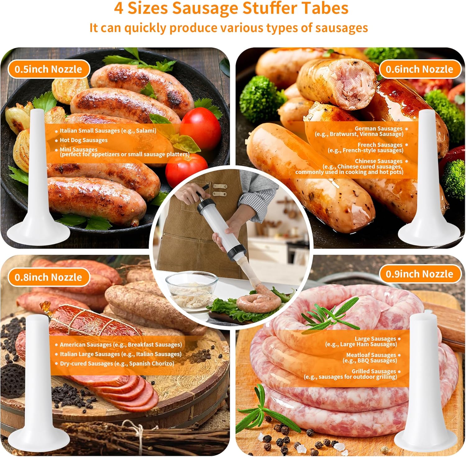 Manual Sausage Stuffer, Black, BPA-Free, Handheld with 4 Stuffing Tubes, for Hot Dogs and Bratwurst