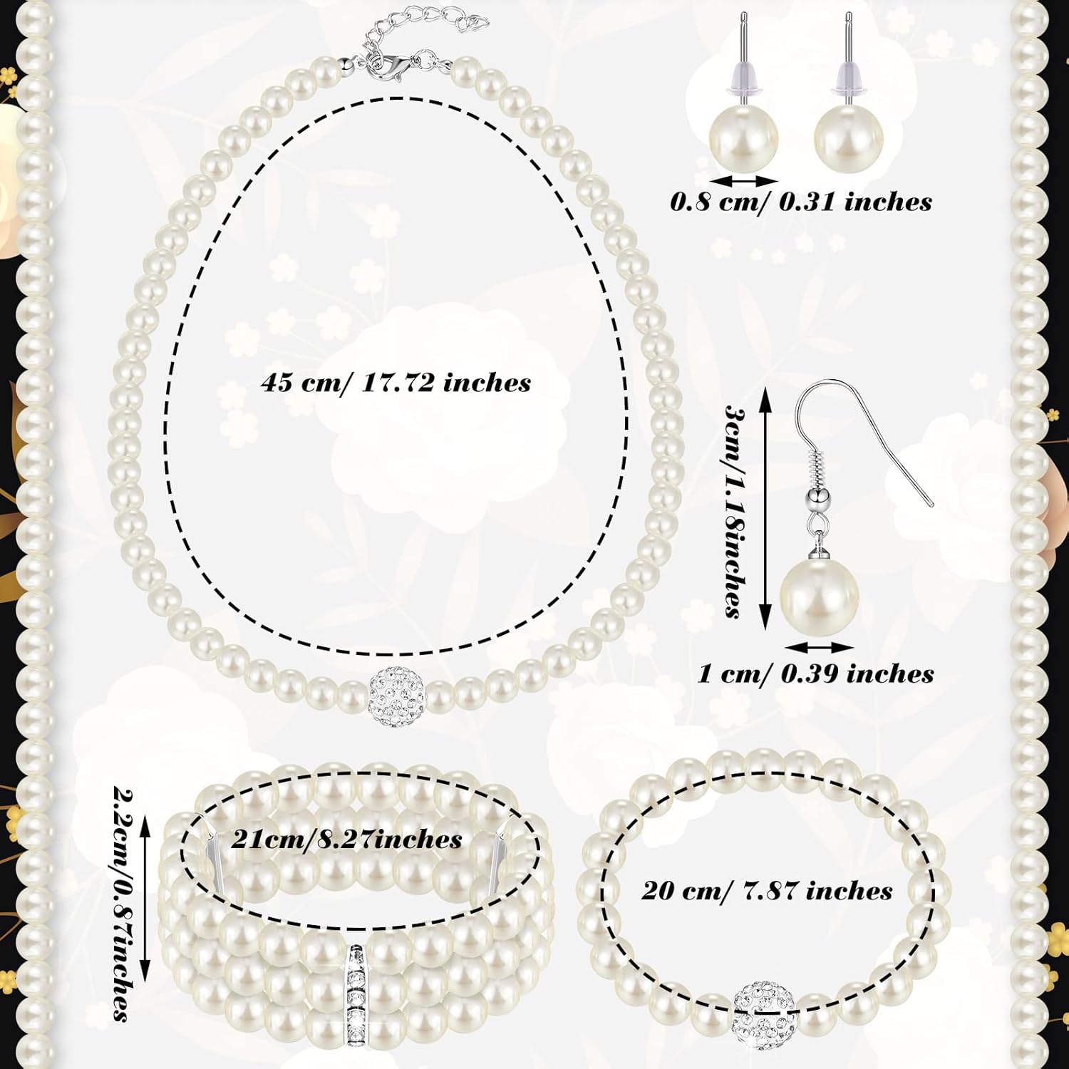 Glenmal Pearl Rhinestone Jewelry Set for Women Pearl Necklace Bracelet Earrings for Wedding Birthday Bridal Shower Tea Party