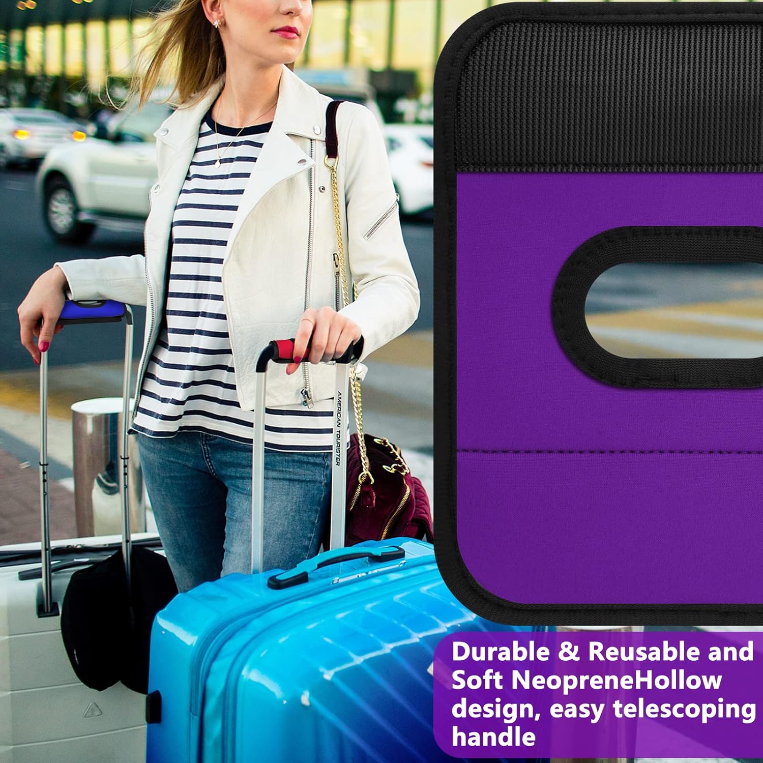 5 Pcs Neoprene Large Luggage Handle Wrap Handle Grip Luggage Tags Identifier Hollow Design for Push-Button, Bright Luggage Markers for Airport Travel Luggage Suitcase Trolley Case (5color, 5.5x7Inch)