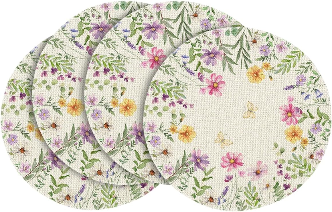 Floral Butterfly Summer Round Placemats Set of 4, 14 Inch Seasonal Spring Placemats for Party Kitchen Dining Summer Decoration