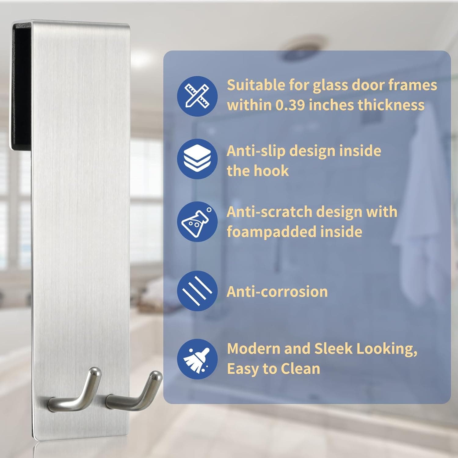 Shower Door Towel Hook Extended Length, No Drilling & Adhesive Needed Stainless Steel Bathroom Hangers for Frameless Shower Stall Wall
