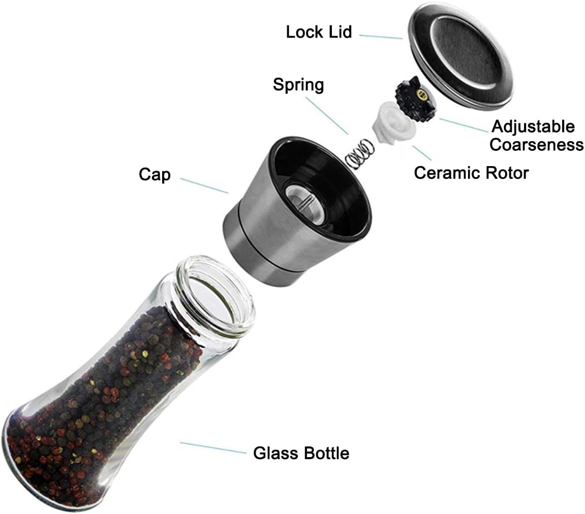 Pepper Grinder or Salt Grinder, Best Spice Mill with Ceramic Blades, Adjustable Coarseness, Brushed Stainless Steel Cap, and Refillable Tall Glass Body with 6OZ Capacity (7.5")