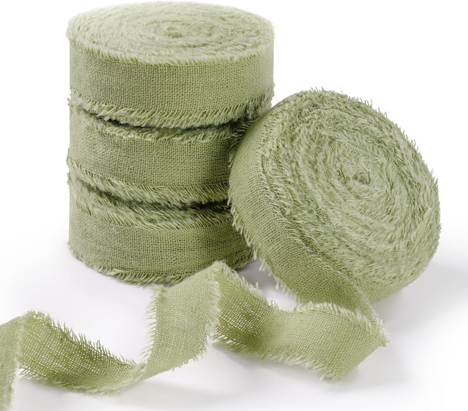 Natural Rustic Cotton Ribbon with Frayed Edge, Sage Green 100% Cotton Ribbon 5/8"x 24yds for Vintage Wedding Bouquets,Invitations,Baby Shower,Gift Wrapping,DIY Crafts,Home Decor