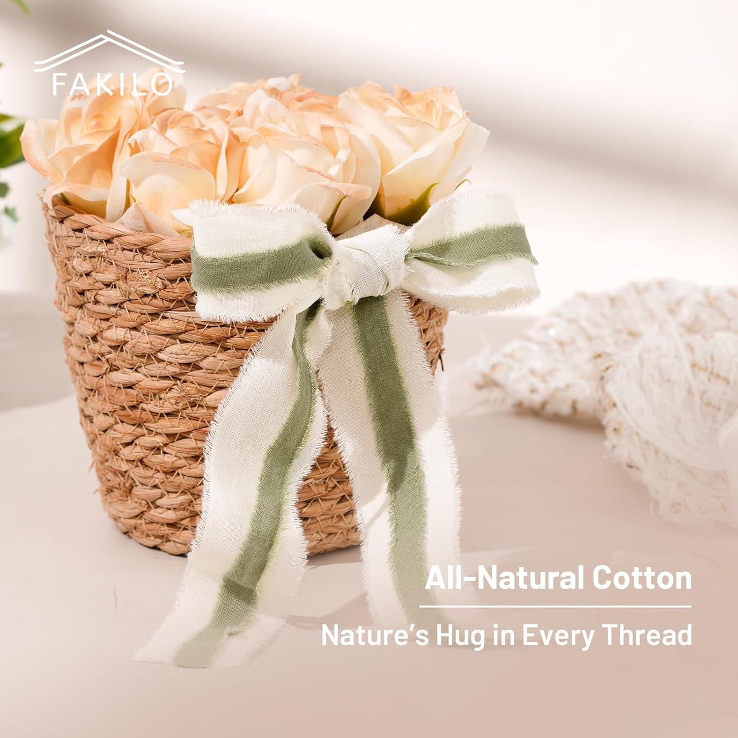 Natural Rustic Cotton Ribbon with Frayed Edge, Sage Green 100% Cotton Ribbon 5/8"x 24yds for Vintage Wedding Bouquets,Invitations,Baby Shower,Gift Wrapping,DIY Crafts,Home Decor