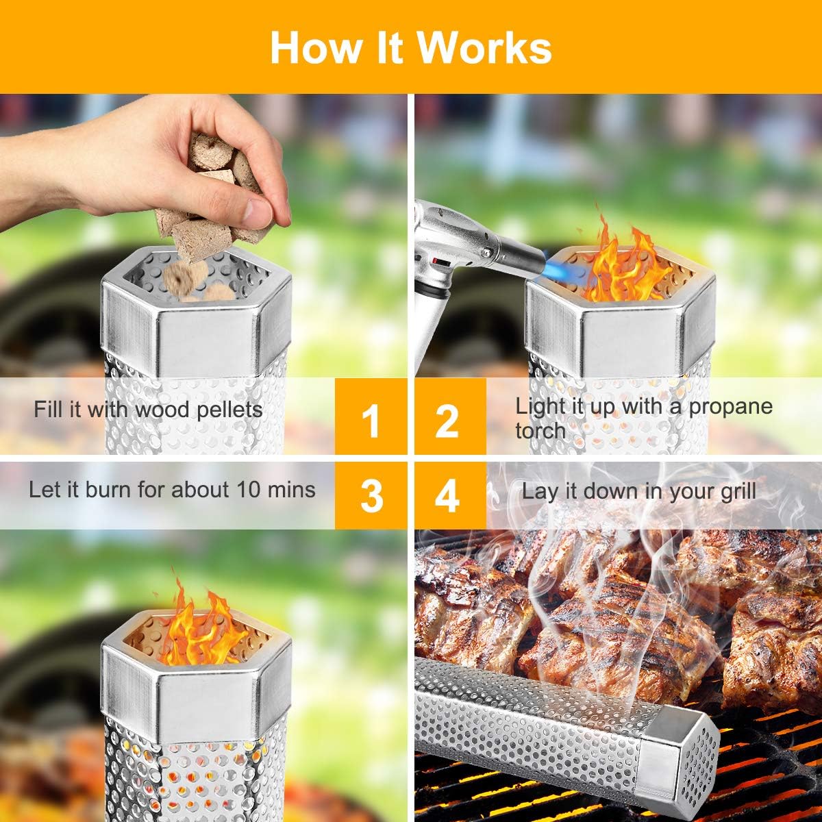 Pellet Smoker Tube, 2 Pack 12'' Stainless Steel BBQ Wood Pellet Tube Smoker, for Cold/Hot Smoking