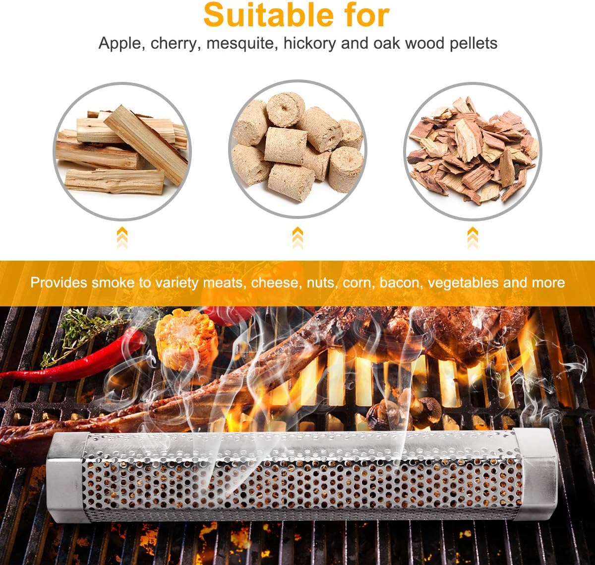 Pellet Smoker Tube, 2 Pack 12'' Stainless Steel BBQ Wood Pellet Tube Smoker, for Cold/Hot Smoking