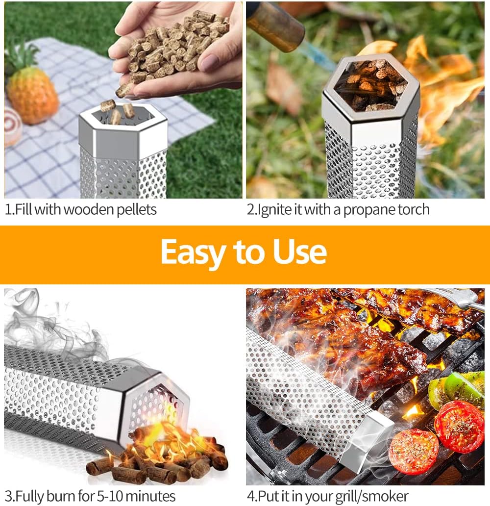 Pellet Smoker Tube Set, 6" & 12" Stainless Steel BBQ Wood Smoker Tube with Brush and 2 Hooks for 2.5hrs/5hrs of Billowing Cold/Hot Smoking for All Grills or Smokers, Smoking Cheese Beef Nuts Fish