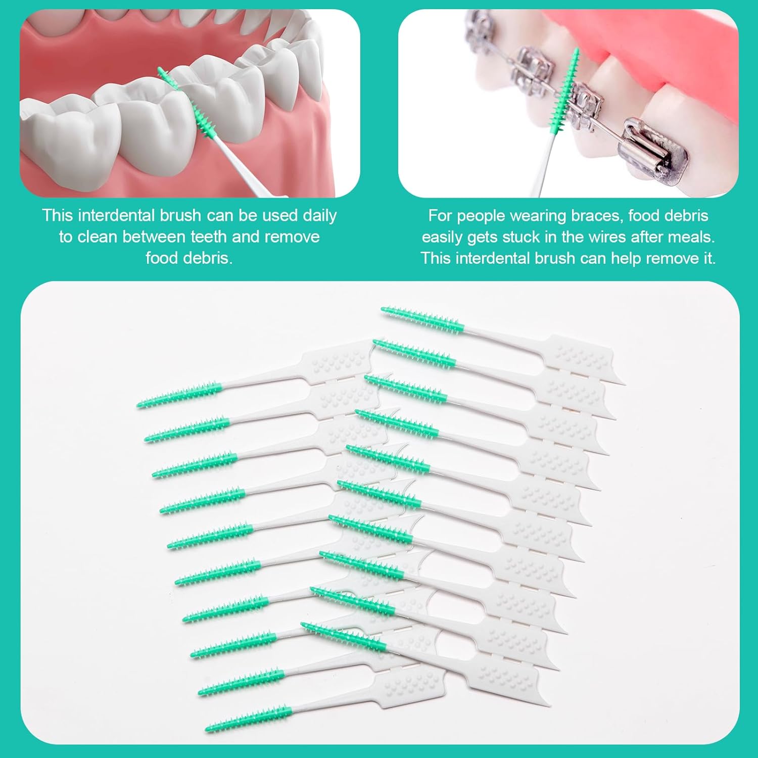 300 Pieces Interdental Brushes,Braces Brush with Silicone Head,Dental Tooth Flossing Toothpick Cleaners Tooth Tool, Green
