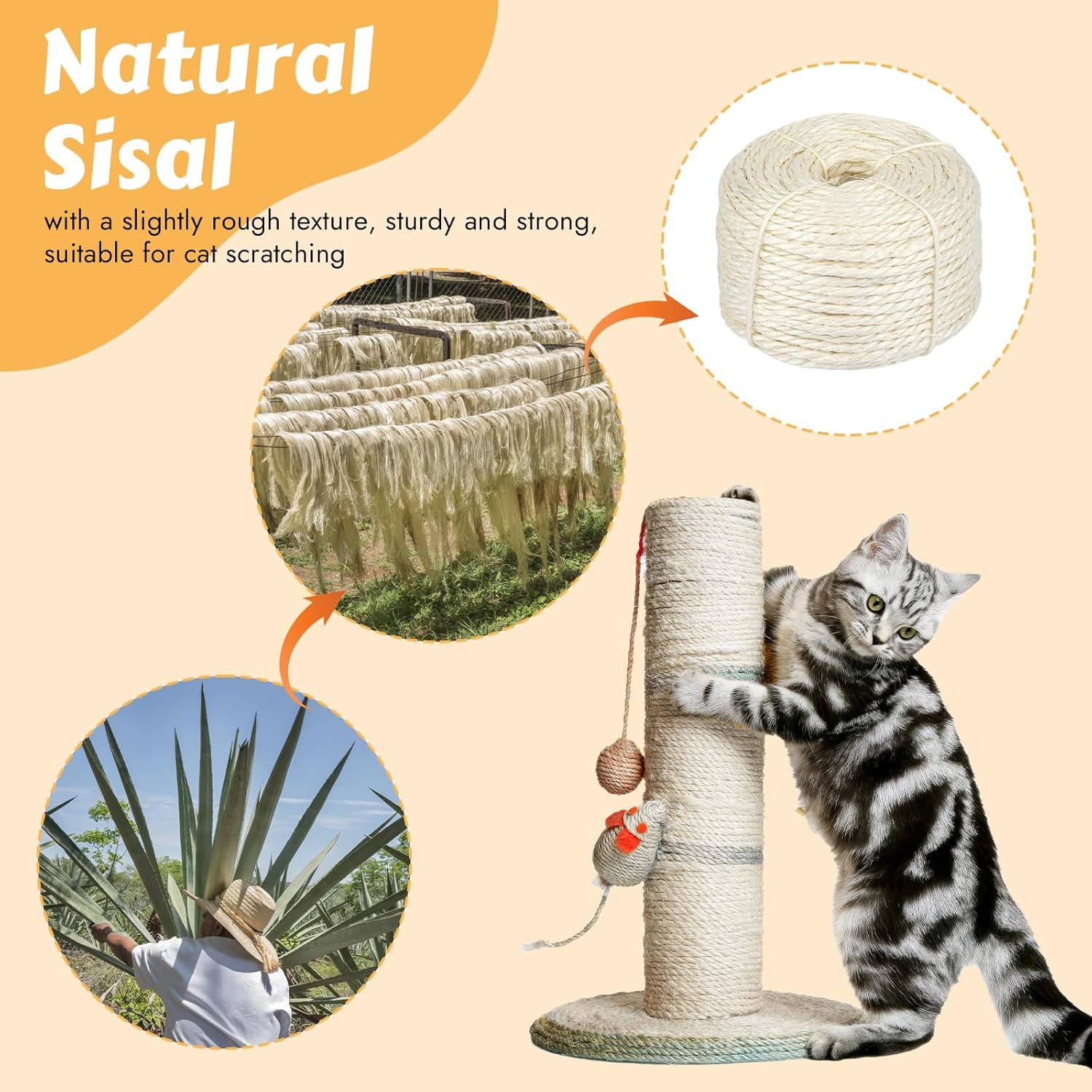 164 Feet Sisal Rope for Cat Scratching Post, 1/6 Inch Natural Cat Tree Rope, DIY Hemp Twine Rope for Repairing, Recovering Scratch Post Cats Tree Tower Replacement (White)