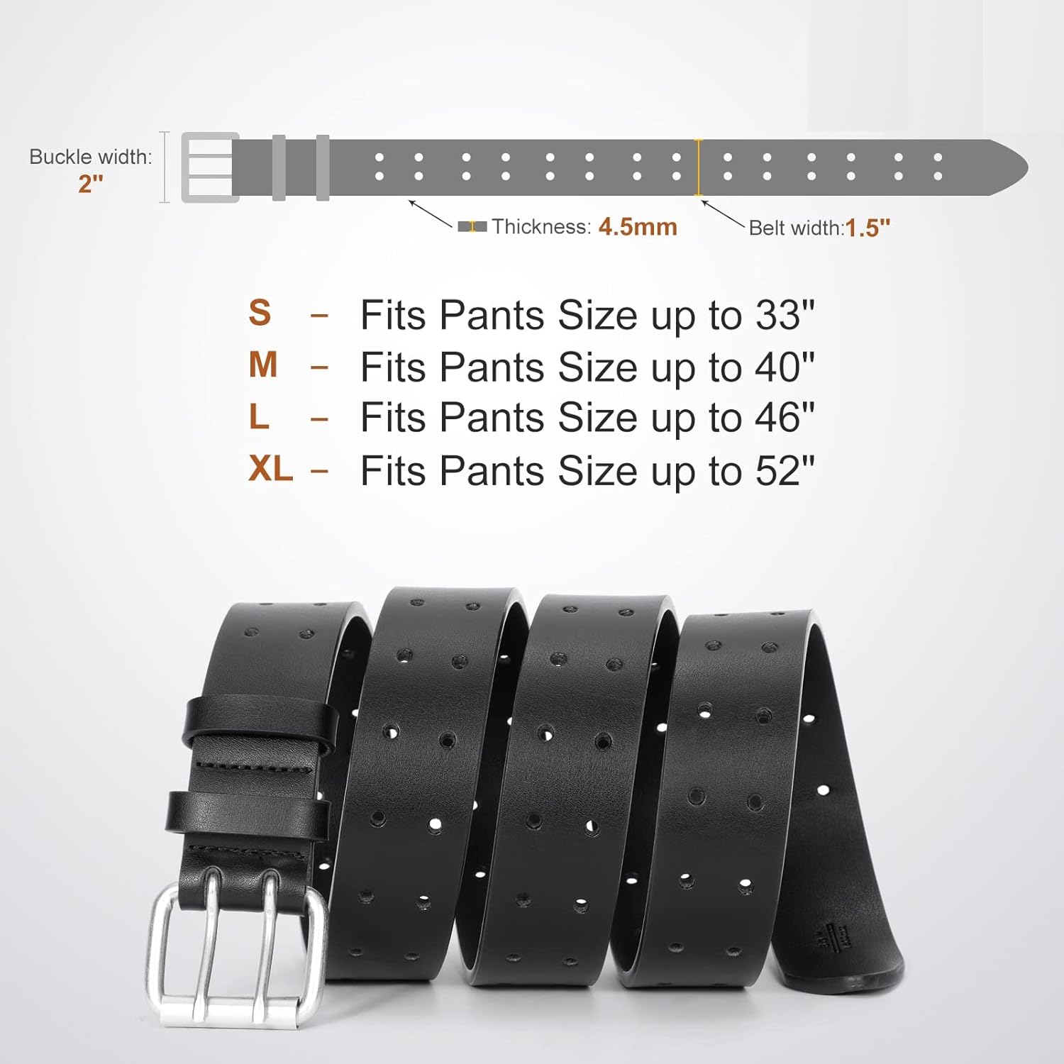 Men Double Prong PU Leather Belt Casual Work Heavy Duty Belt Double Grommet Holes Belt for Jeans