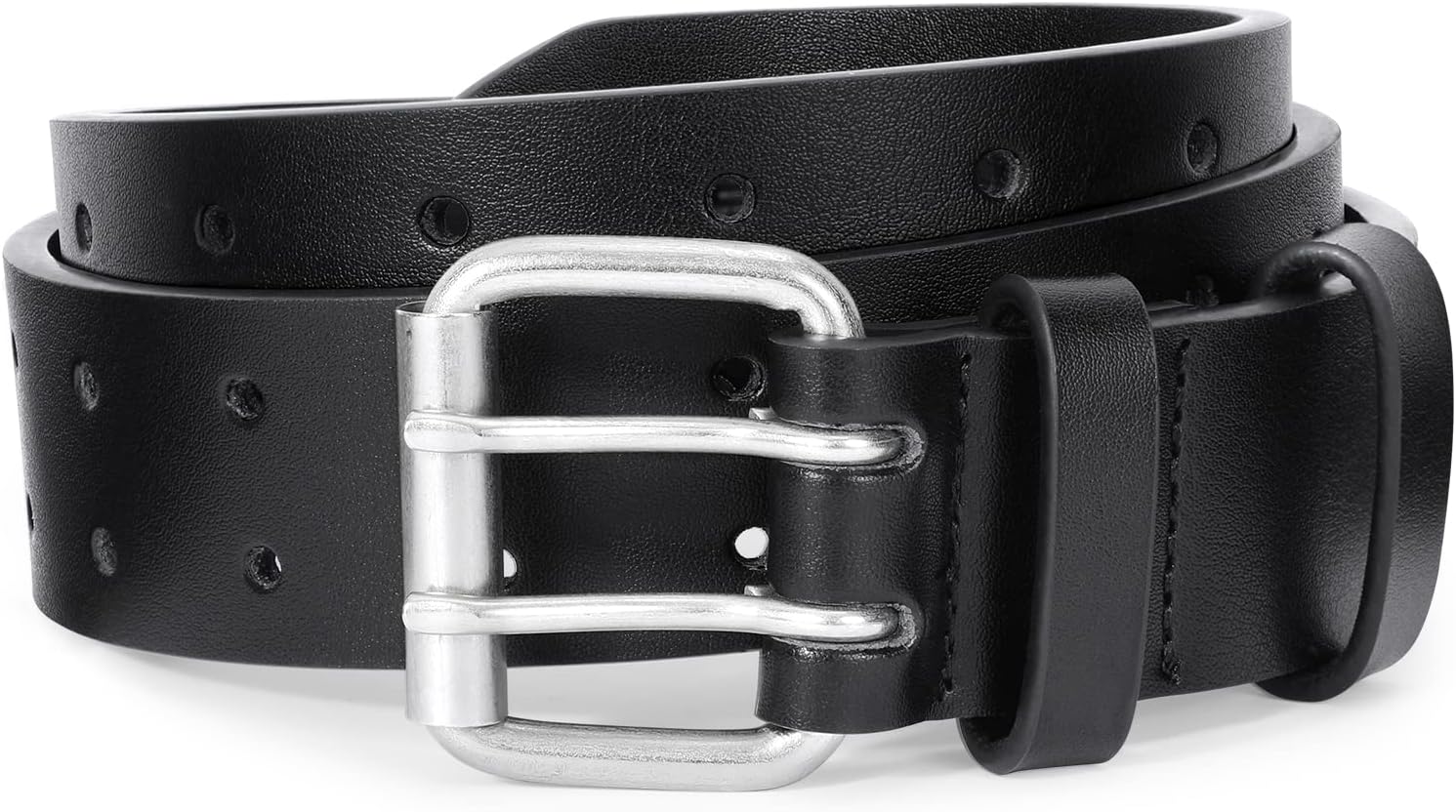 Men Double Prong PU Leather Belt Casual Work Heavy Duty Belt Double Grommet Holes Belt for Jeans