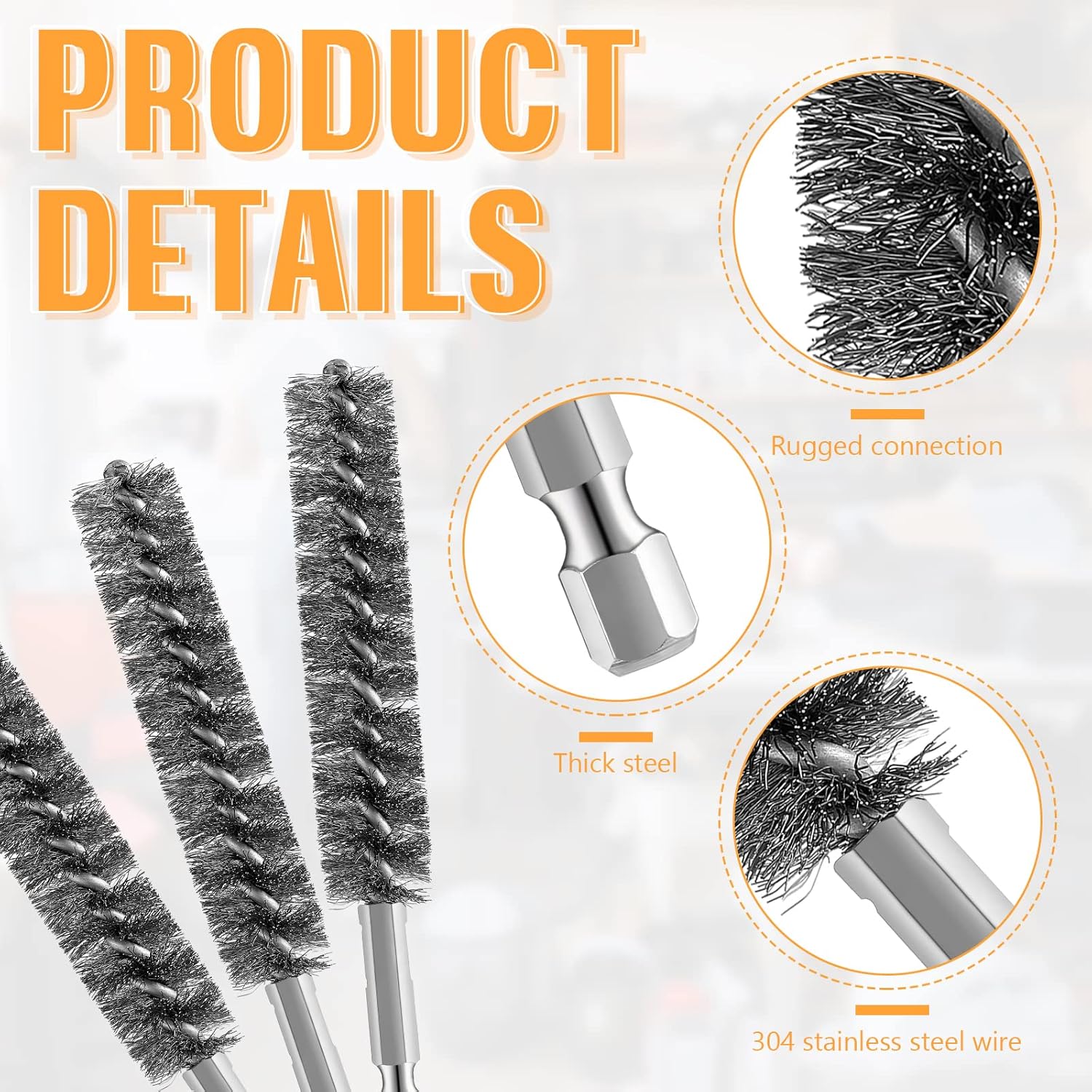 Bore Brush Bristles Wire Brush for Power Drill Cleaning Wire with Hex Shank Handle for Power Drill Cleaning(5 Pieces,Stainless Steel)
