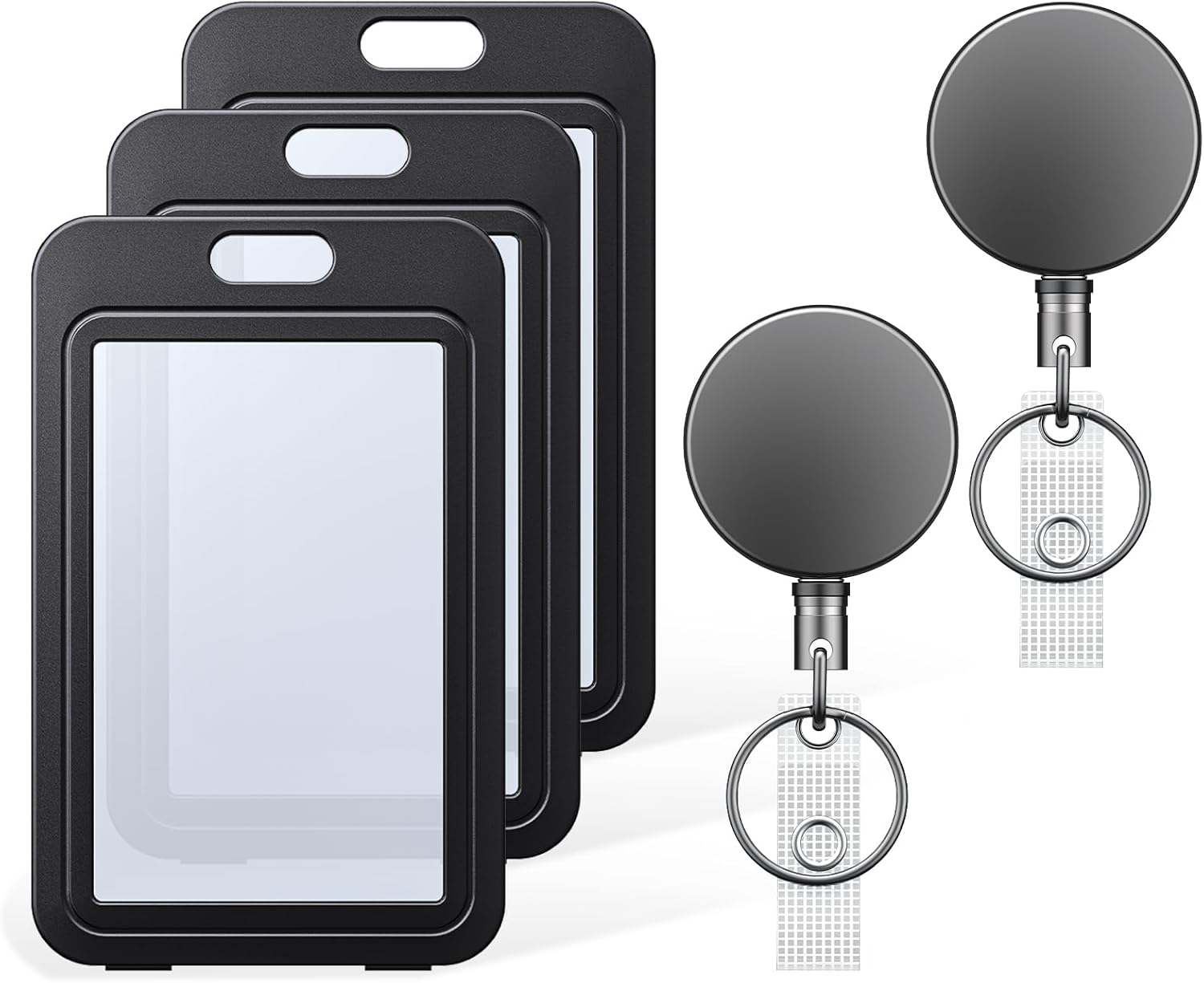 3 Pack ID Badge Holder Vertical with Double-Sided Windows and 2 Pack Metal Retractable Keychain Heavy Duty Metal Retractable Badge Reel