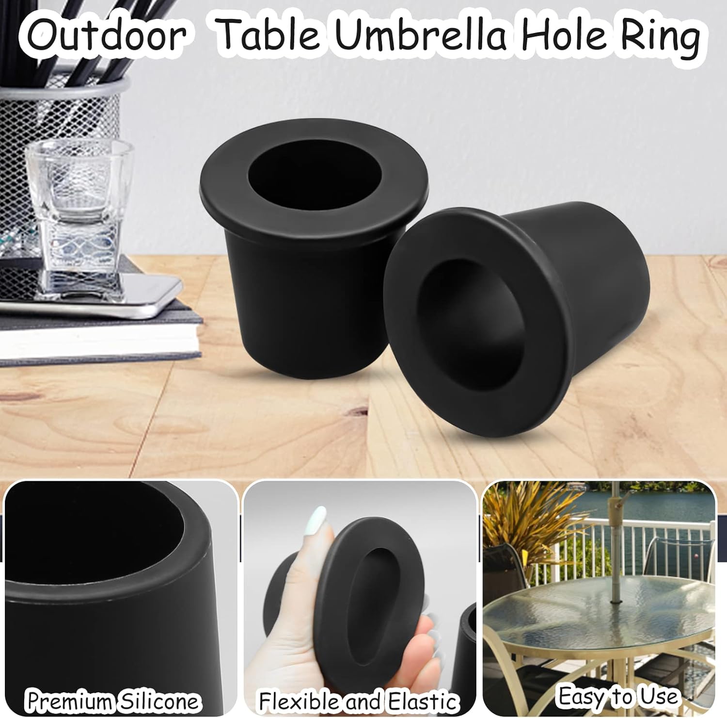 2Pcs Patio Table Umbrella Hole Ring Plug, Silicone Pool Sleeve Stabilizer Cone Wedge, Table Insert for 2-2.5 Inch Hole or 1.5 Inch Adapter (Black)