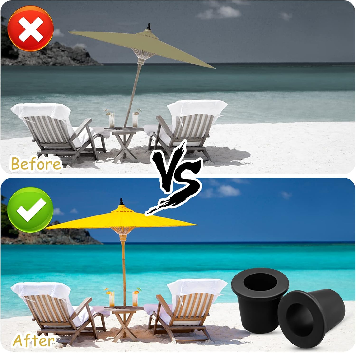 2Pcs Patio Table Umbrella Hole Ring Plug, Silicone Pool Sleeve Stabilizer Cone Wedge, Table Insert for 2-2.5 Inch Hole or 1.5 Inch Adapter (Black)