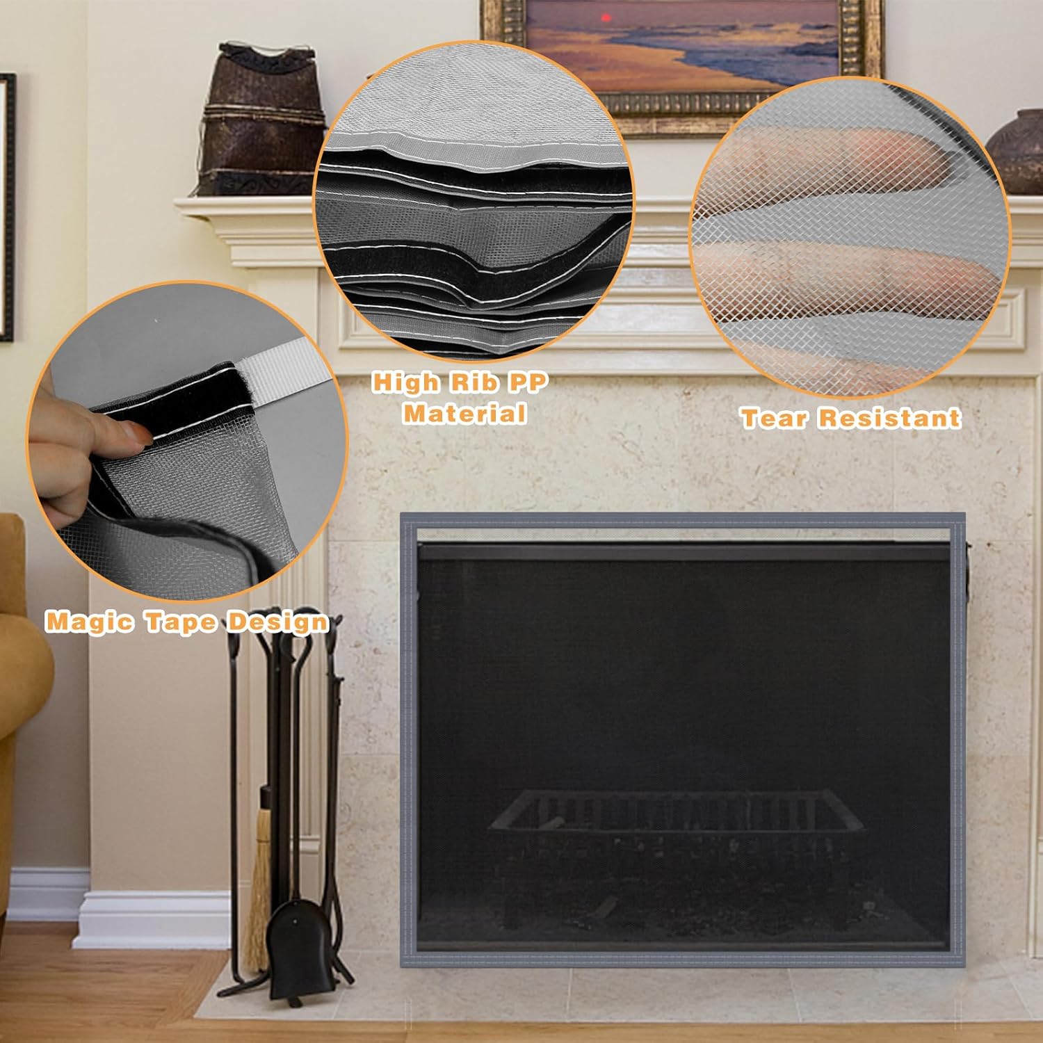 Fireplace Screen Mesh Cover, Magnetic Fireplace Cover Baby Proof Barrier Guard Pet Proof with Magic Tape, Fireplace Doors Mesh Gate Fire Place Cover for The Living Room Decorative, 39"x32" Inches