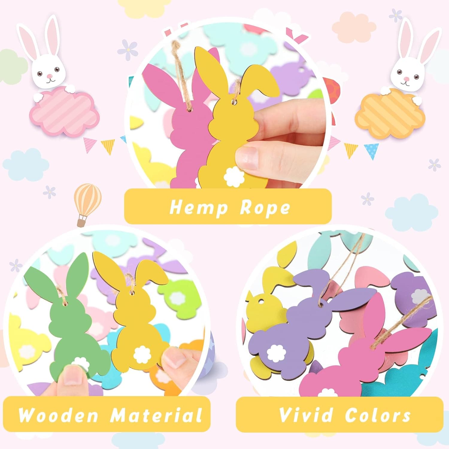 36 Pcs Easter Bunny Tree Ornaments Easter Wooden Hanging Decor 12 Color Rabbit Embellishments for Tree Wood Bunny Tags Rabbit Shape Cutouts with String for Party Wall Gift