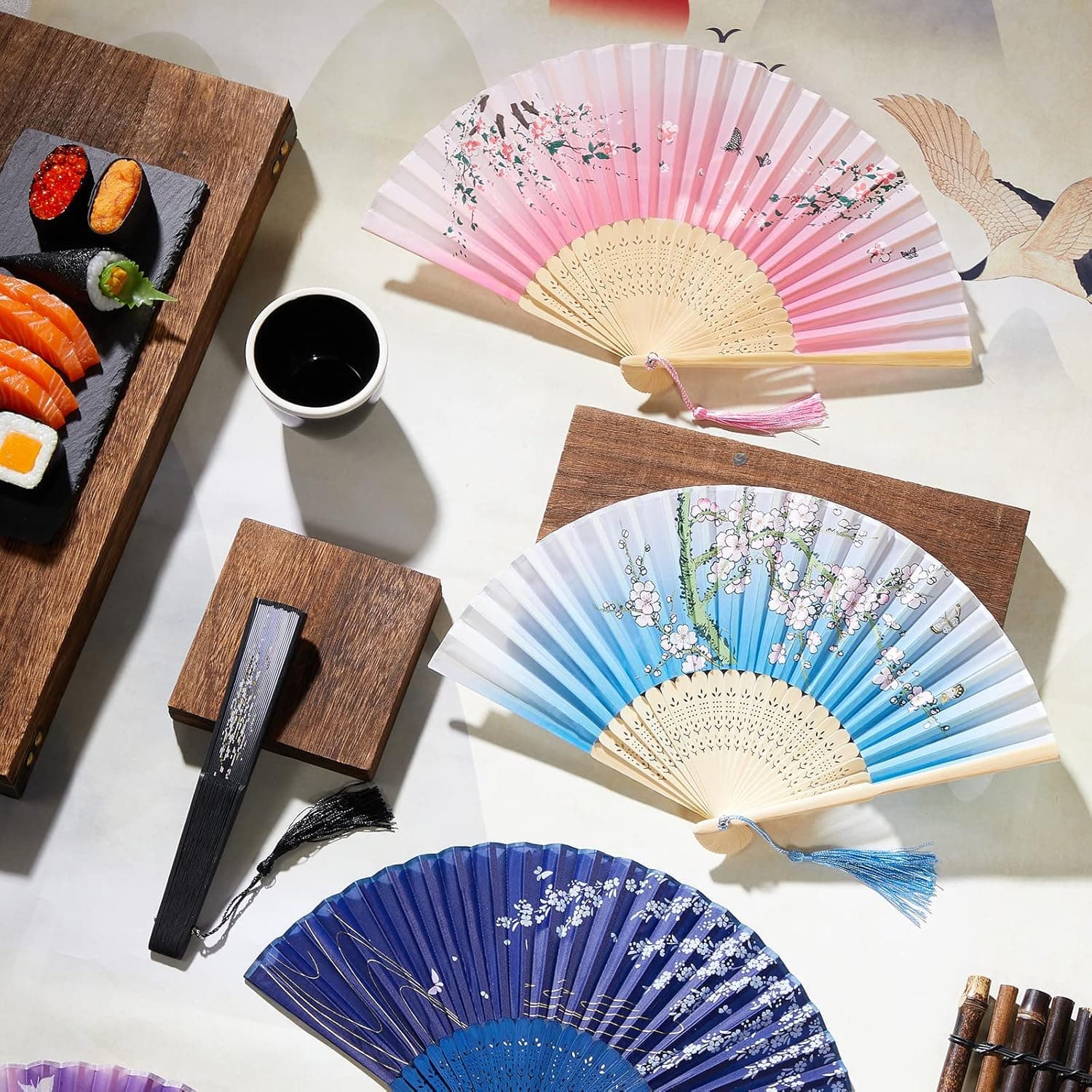 6 Pcs Folding Hand Fans for Line Dancing Foldable Chinese Fans for Women Girls Vintage Bamboo Handheld Silk Fabric Decorations for Wedding Dancing Party Cosplay Supplies(Classic Style)