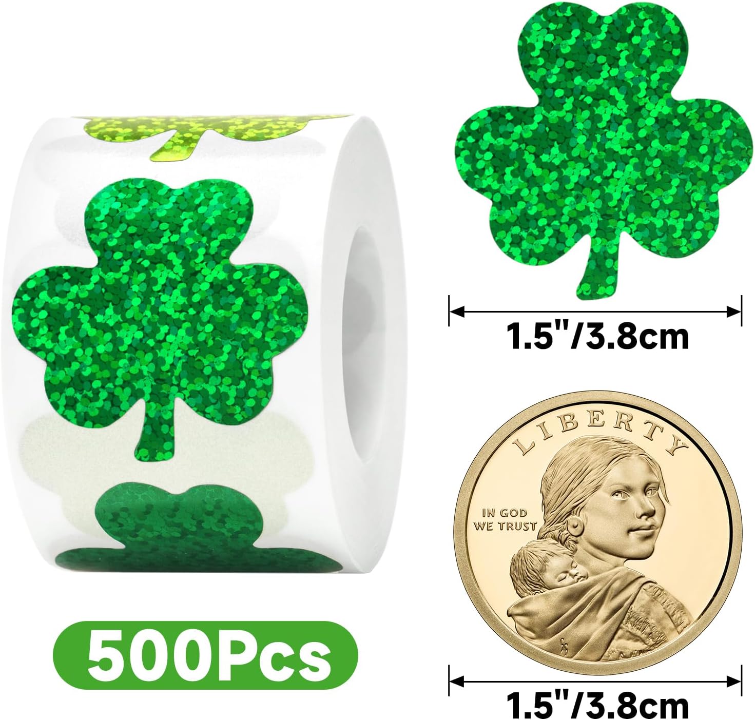 St.Patrick's Day Shamrock Stickers - 500Pcs 1.5'' Laser Shamrock Shape Stickers Roll Self Adhesive Holographic Green Irish Lucky Clover Sticker for Envelope Seal Card St.Patrick's Day (3 Color)